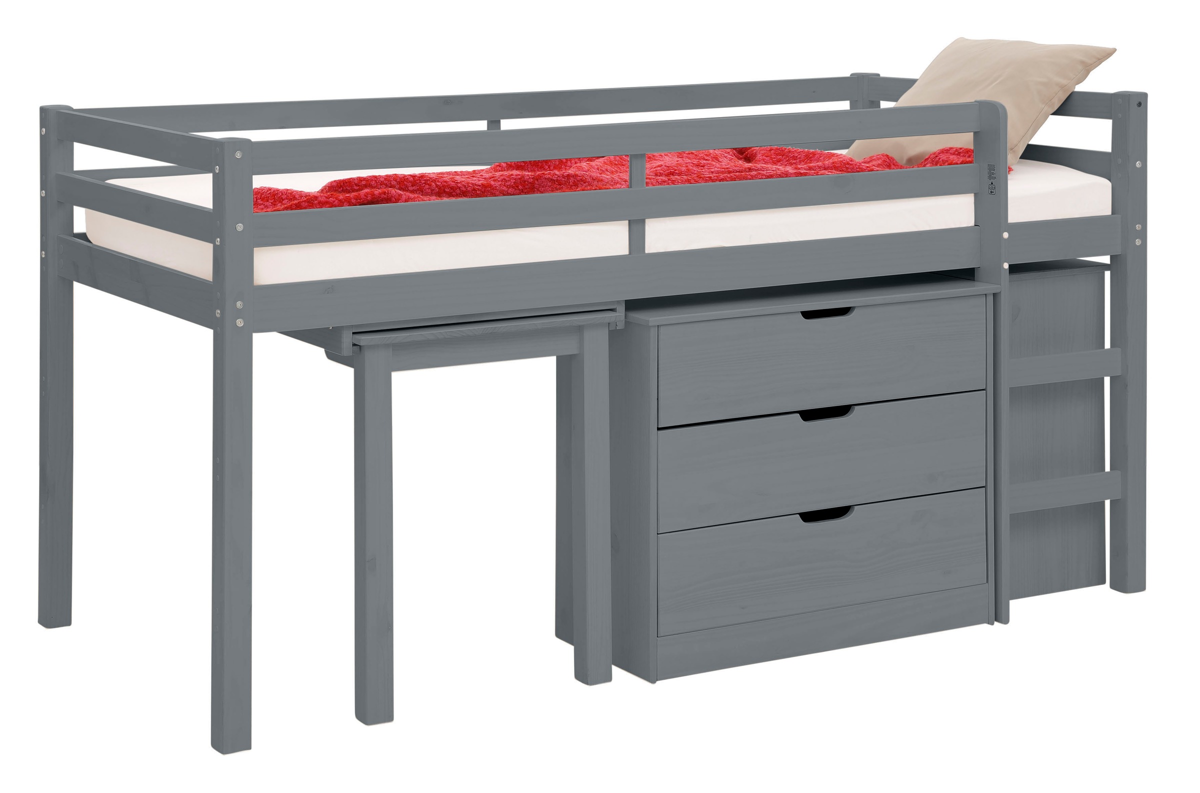 Lüttenhütt Hochbett »Alpi«, Mit Lattenrost, Leiter, Regal, Kommode u. ausziehbarem Schreibtisch