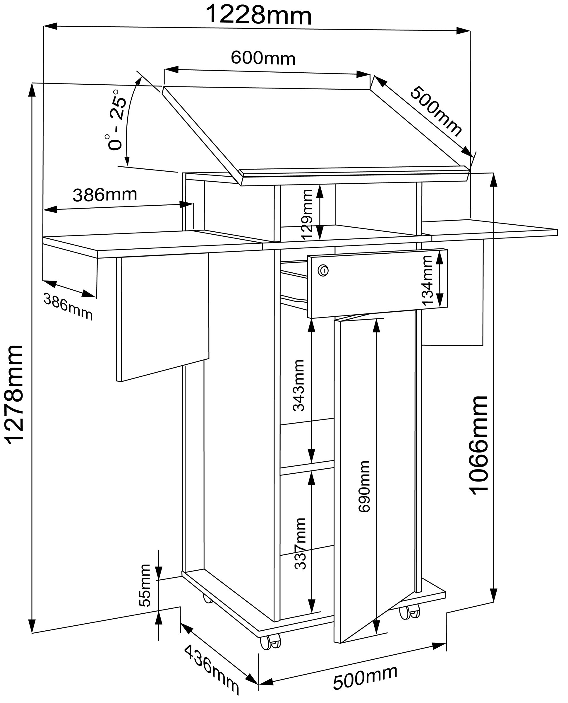 VCM Stehpult »VCM Holz mobiles Rednerpult | Maße ca. H. 107 bis 128 cm x B. 60 bis 123 cm x T. 44 cm | rollbar mit Schublade | Stehpult | Stehtisch mit Tür - Salia«, (Salia)