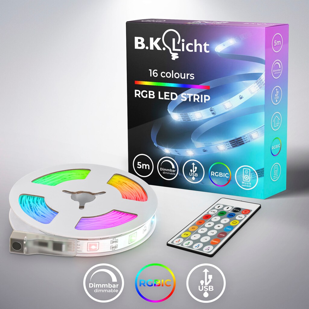 B.K.Licht LED-Streifen »USB RGBIC«, 150 St.-flammig, Lichtleiste, mit Musiksensor, mit Fernbedienung, selbstklebend