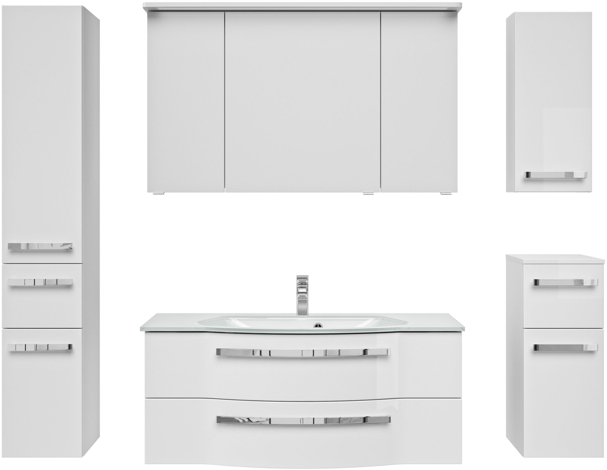 Saphir Badmöbel-Set »Serie 4005, vormontiert, Glaswaschbecken, Spiegelschrank«, (Set, 6 St.), Badezimmer-Set mit Unterschrank, Hängeschrank, Hochschrank, Türdämpfer