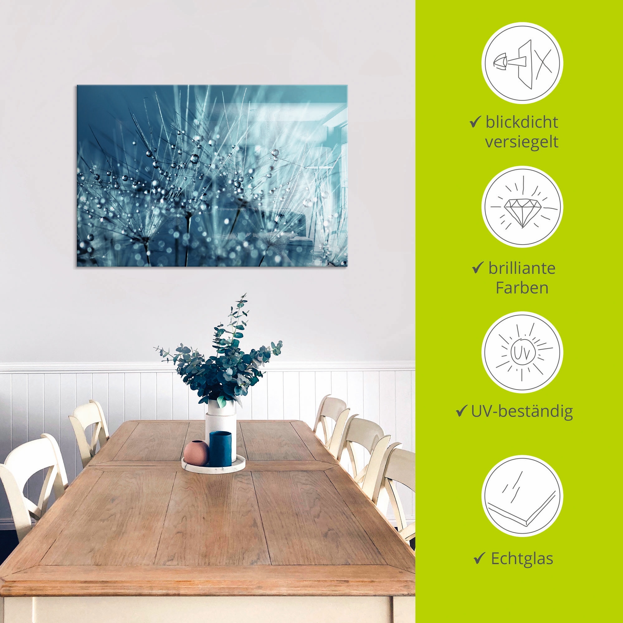 Artland Glasbild »Blaue glitzernde Pusteblume«, Blumen, (1 St.), in verschiedenen Größen