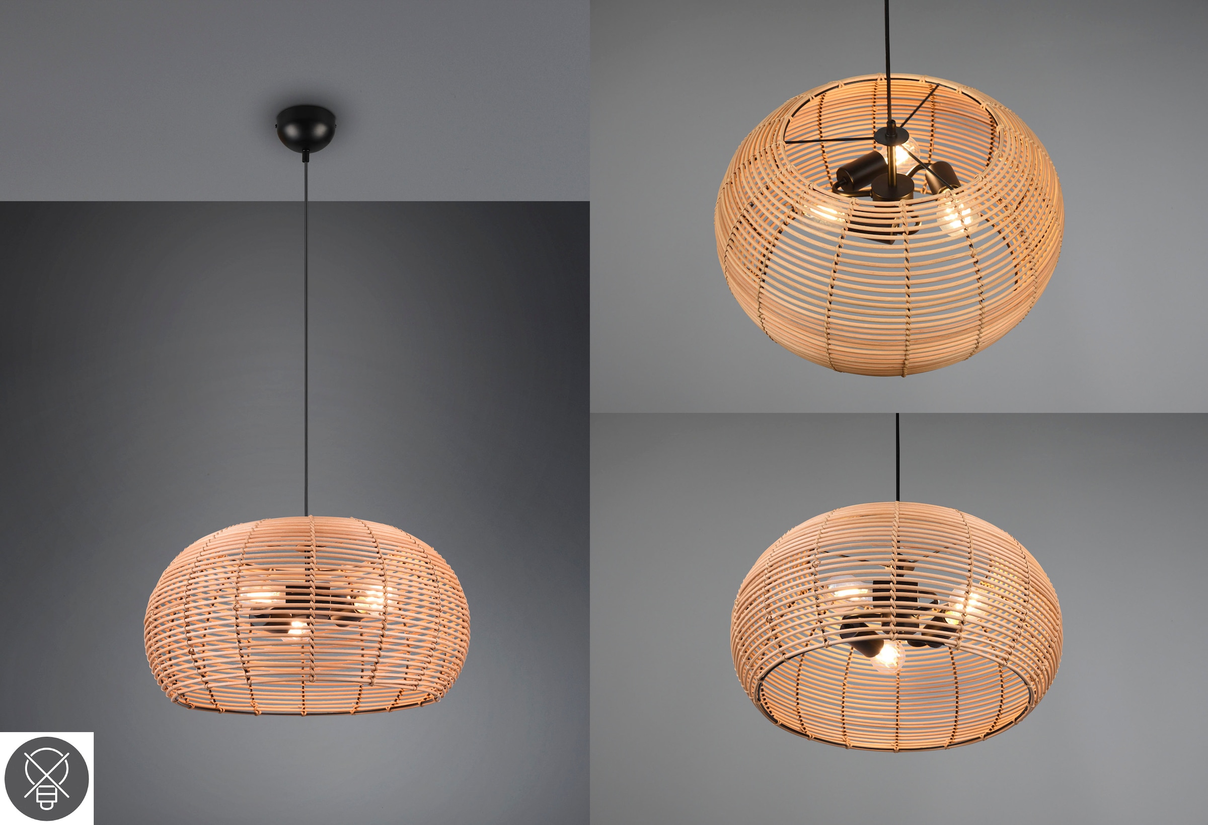 TRIO Leuchten Pendelleuchte »Inga«, 3 flammig, Leuchtmittel E27 | ohne Leuchtmittel, Hängelampe Rattan in Korbgeflecht Optik, exkl 3xE27, höhenverstellbar