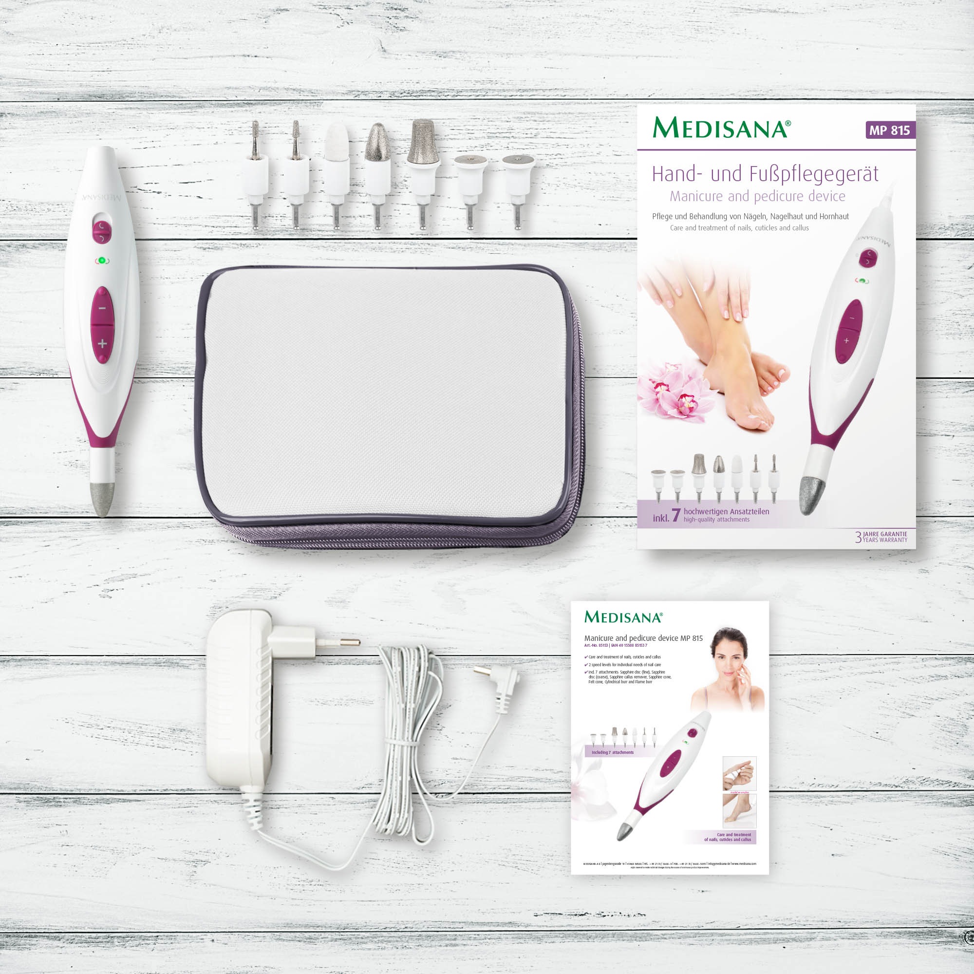 Medisana Maniküre-Pediküre-Set »MP 815«, für Nägel, Nagelhaut u. Hornhaut, 2 Stufen, Links-/Rechtslauf,Aufsätze