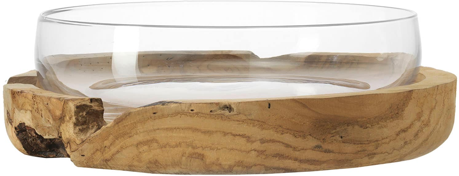 Schale »ERRA«, aus Glas, 39 cm mit Teaksockel, Kalk-Natron-Glas, handgefertigt