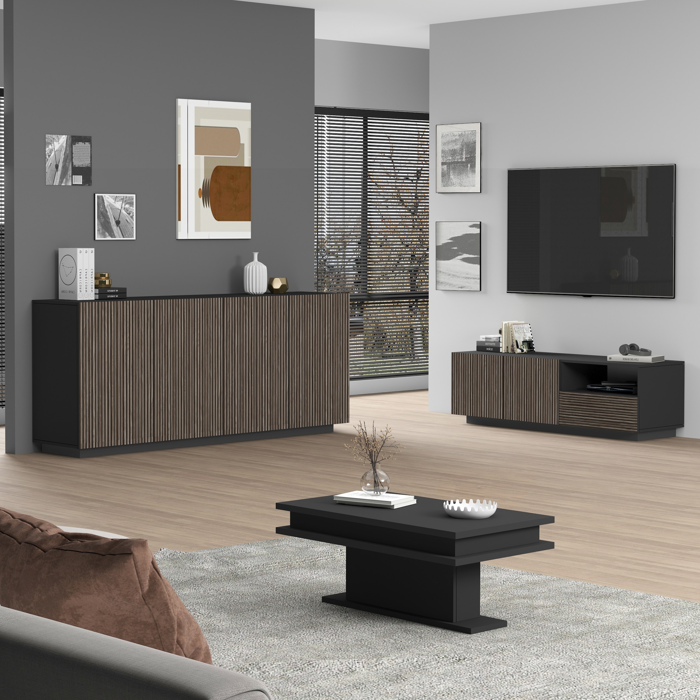 INOSIGN Lowboard »Vega,Lowboard,TV Board,TV Schrank,150 cm«, mit 2 Türen und 1 Schublade,Fronten mit Rillen-Optik
