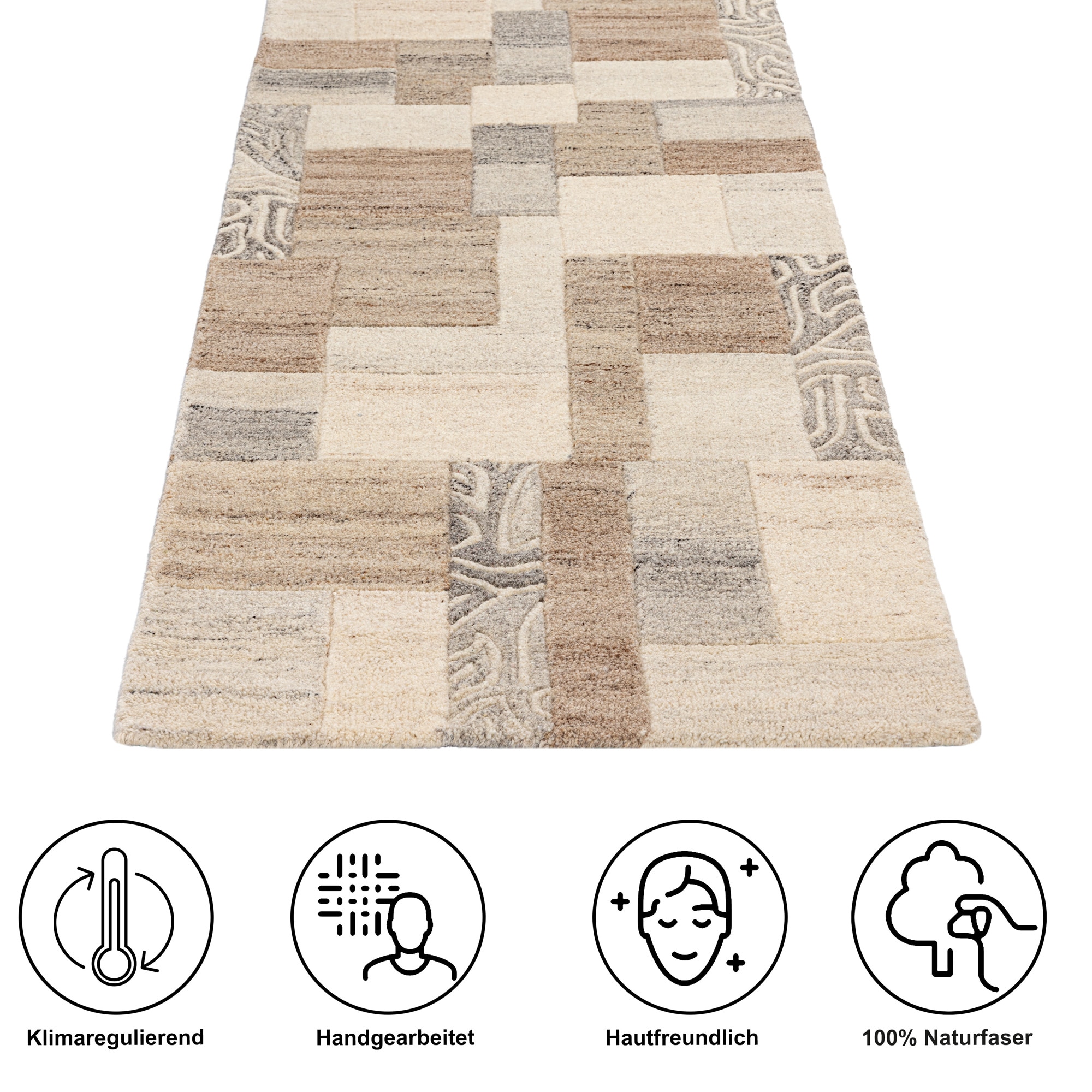 THEKO Läufer »Lola, Wolle, handgearbeitet, Patchwork Design« rechteckig 12 mm Höhe Teppich-Läufer, handgetuftet, Flur, Brücke