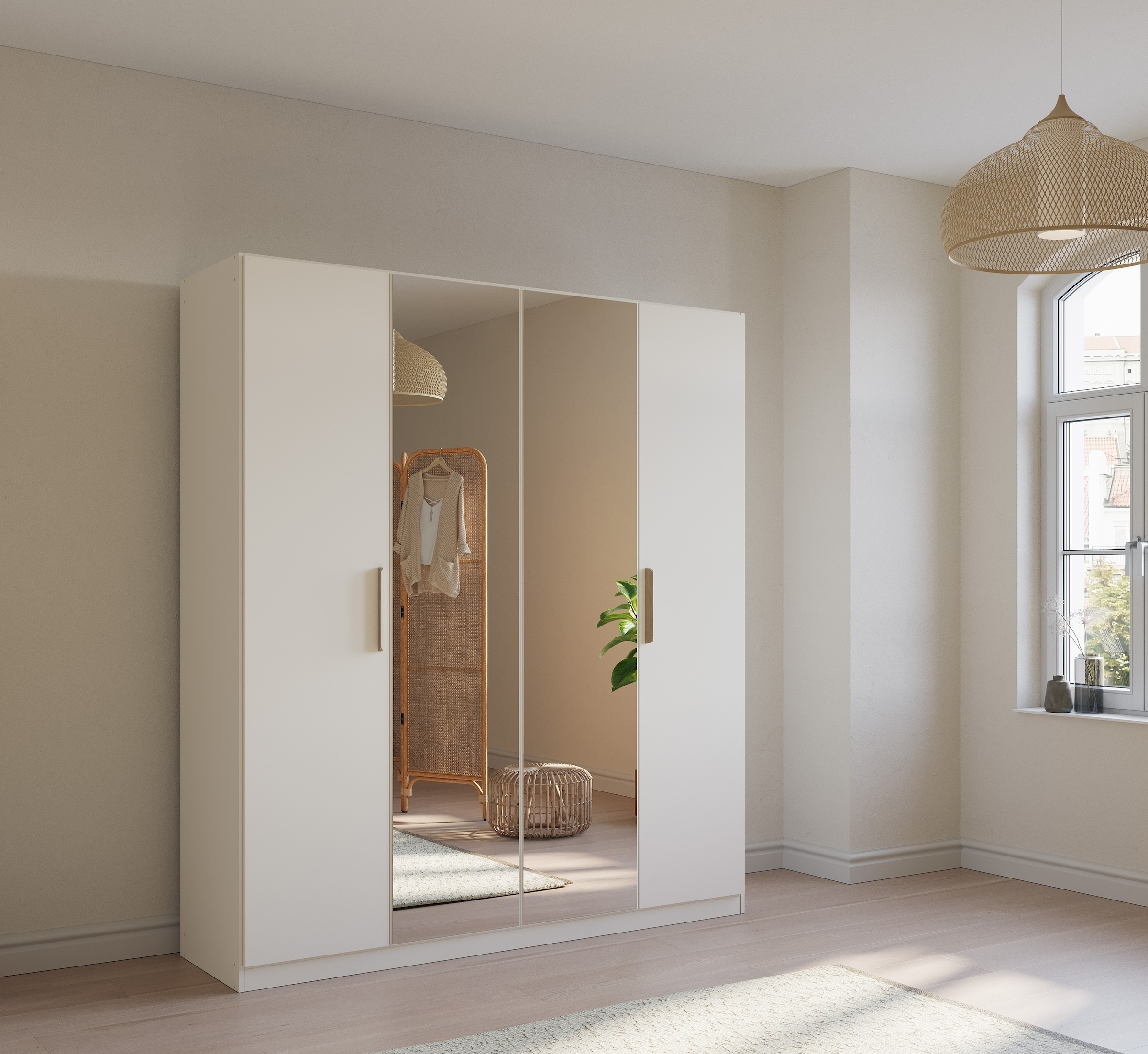 rauch Kleiderschrank »Skandi by Quadra Spin Schlafzimmerschrank« im Landhaus-Stil mit Massivholzgriffen, vollflächige SpiegeltÜren