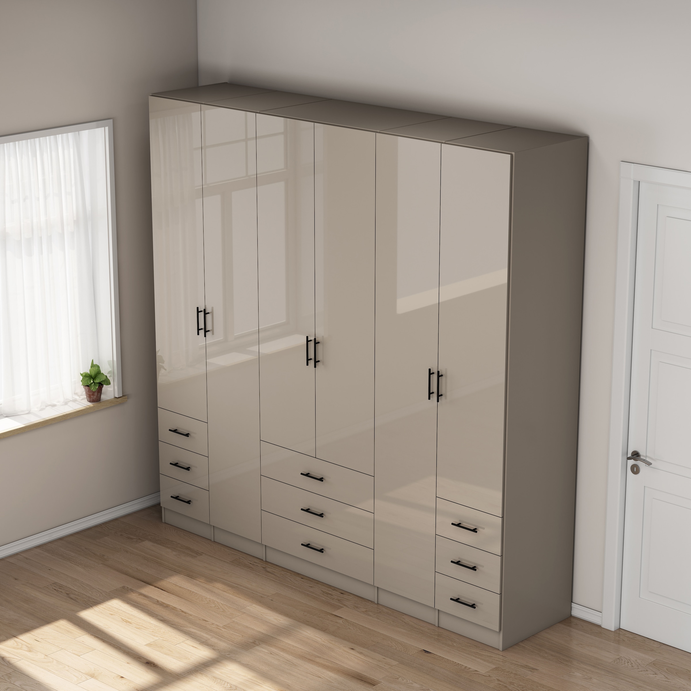 OTTO home Kleiderschrank »Trento Schlafzimmerschrank Garderobe hochglanz« in 2 unterschiedlichen Schrankhöhen wählbar,  Schrank mit 6 Türen und 9 Schubladen, Hochglanz-Fronten, 2,39m Höhe