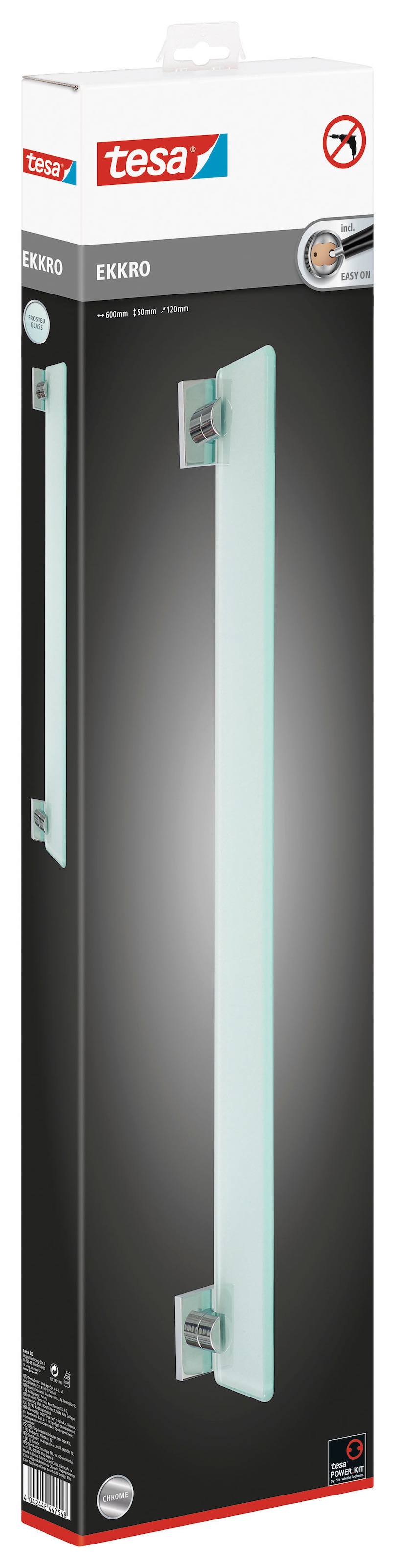 tesa Duschregal »EKKRO Glasablage ohne Bohren - 5 cm  : 60 cm : 12,0 cm« Packung,  selbstklebende Badablage aus Glas - chrom - silber glänzend