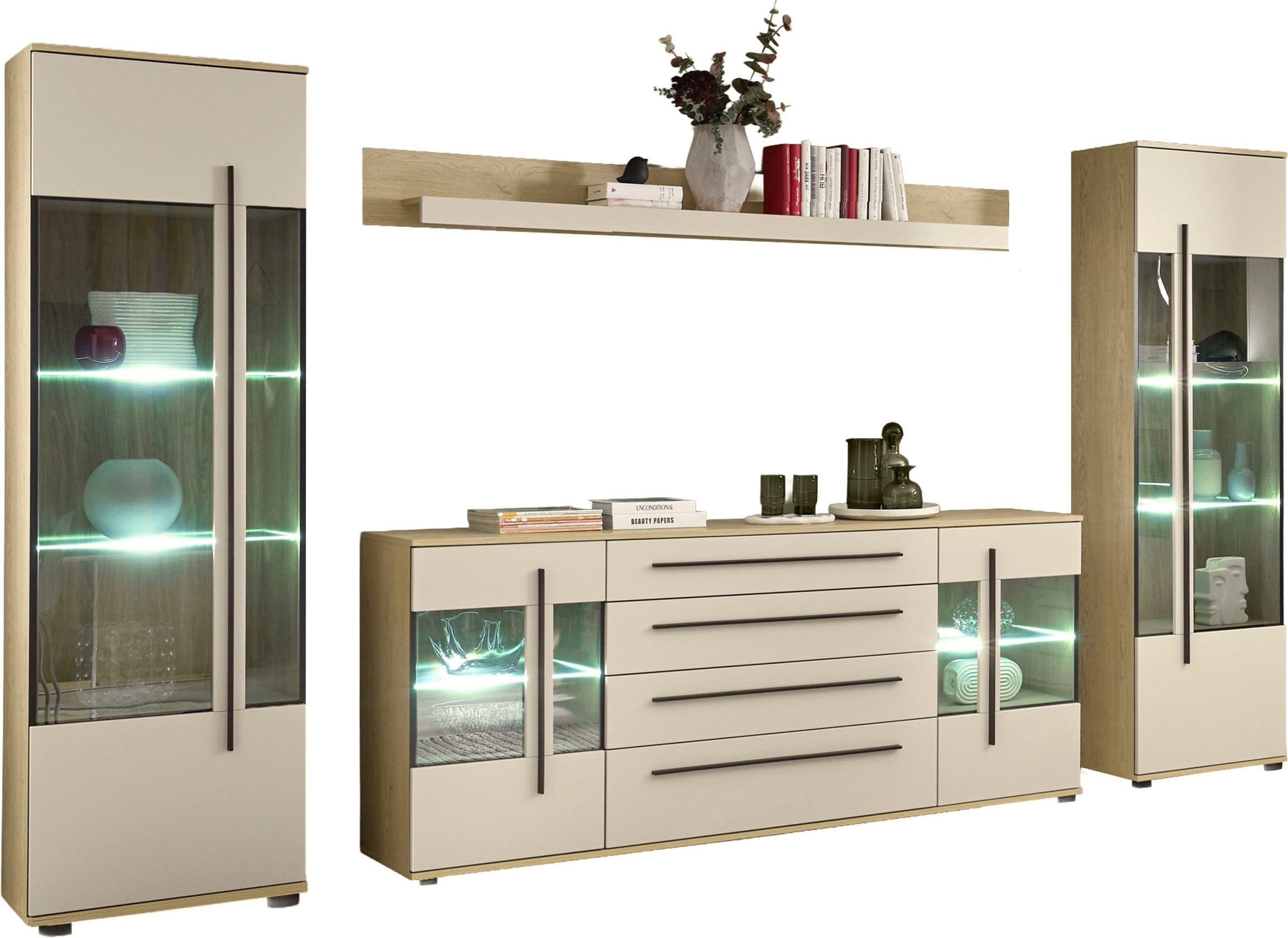 Home affaire Wohnwand »Cantara, Anbauwand, Wohnzimmer-Set, in Eiche Evoke, Weiß oder Kaschmir« Set, 