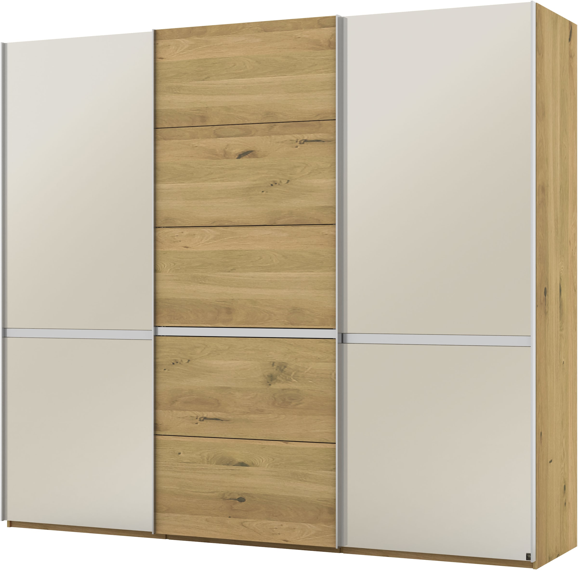 Musterring Schwebetürenschrank »Savona, Kleiderschrank, Schrank, Garderobe, mit Schiebetüren«, (Teilmassiv Bianco-Eiche, mit Spiegel oder Glas, MADE IN GERMANY), Türen Bianco-Eiche massiv, Spiegel-/Glastüren, eingelegte Chromleiste