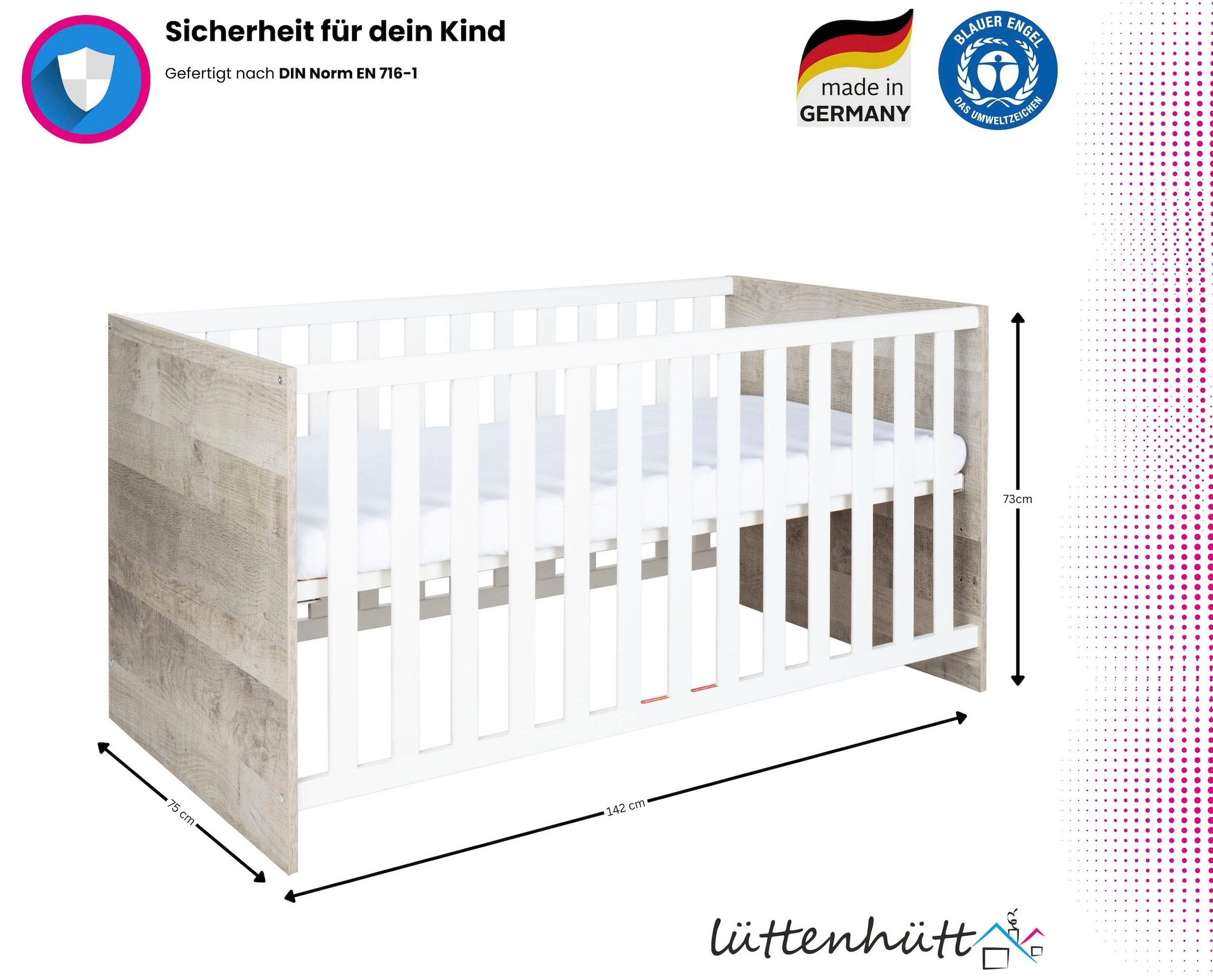 Lüttenhütt Babyzimmer-Komplettset »Henning«, (Set, 5 tlg., inkl. Lattenrost), Kleiderschrank, Kinderbett, Wickelkommode, Seiten und Wickelkomm-Regal