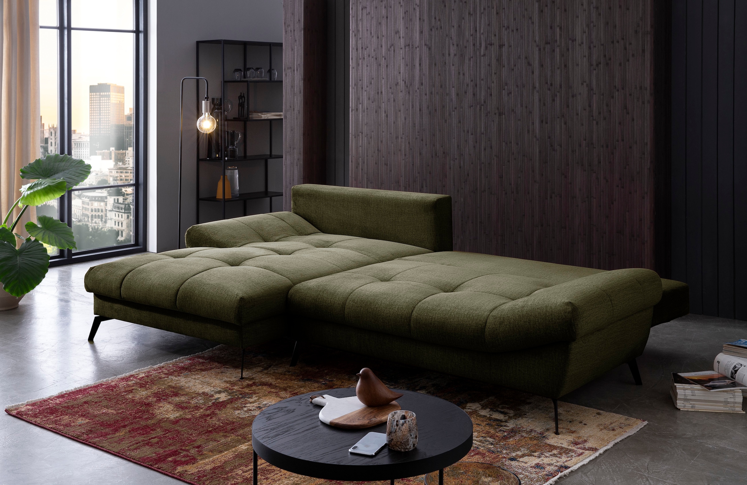 exxpo - sofa fashion Ecksofa »Olmedo, extravagantes Design und toller Sitzkomfort, L-Form«, inklusive Bettfunktion, Bettkasten und Rückenkissen