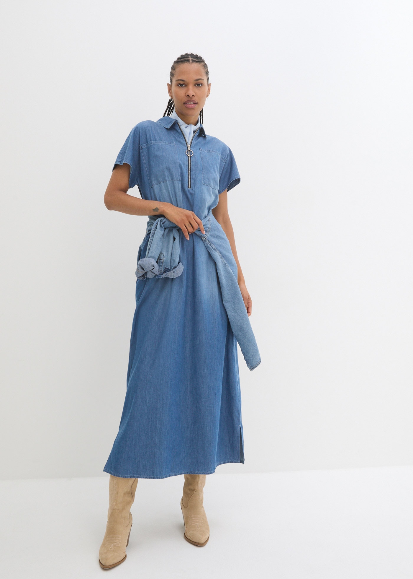 bonprix Jeanskleid für warme Tage, mit kurzem Arm, aus Baumwolle, mit Hemdblusenkragen