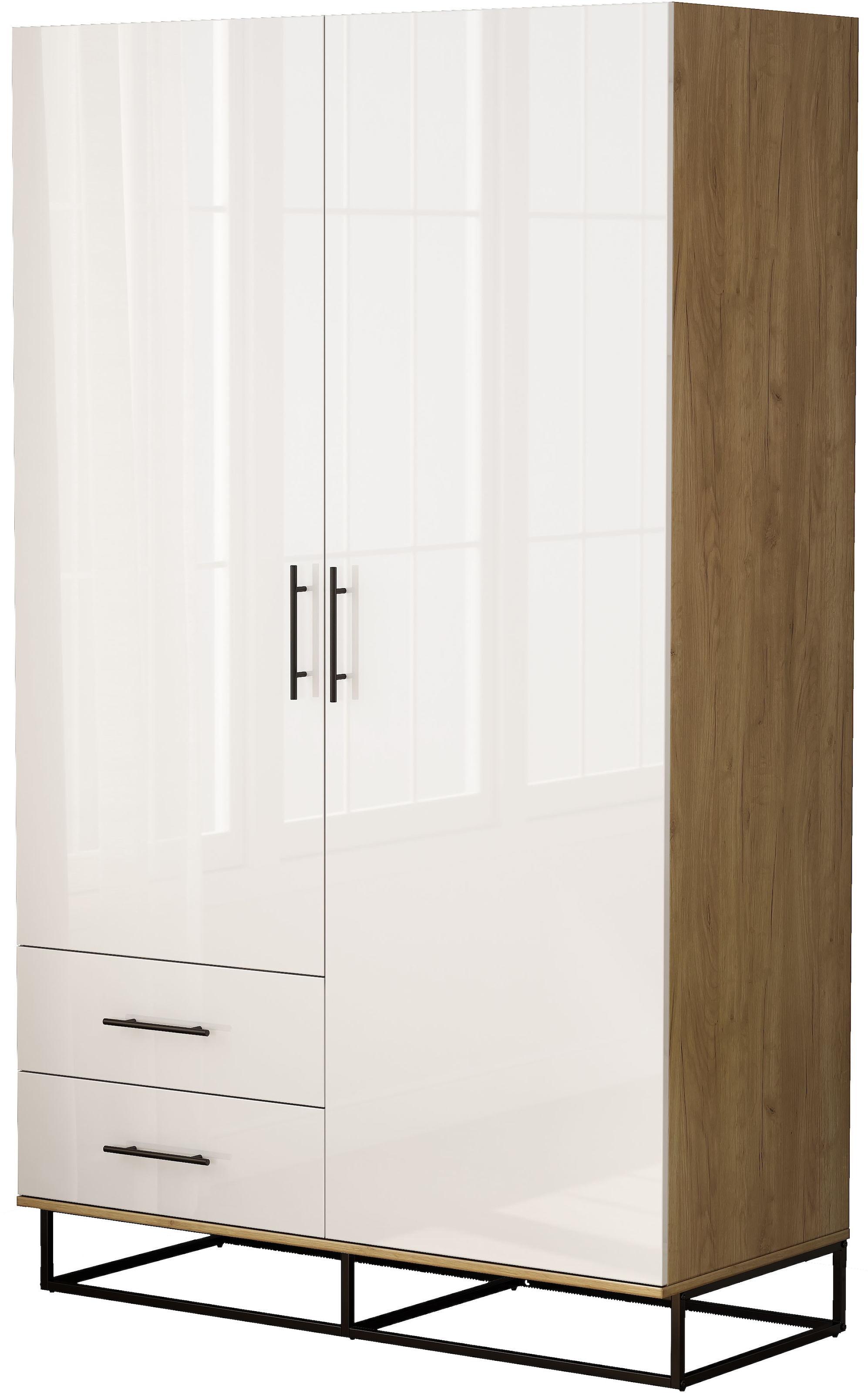 OTTO home Kleiderschrank »Lucca Schlafzimmerschrank Garderobe Hochglanz Bestseller« Hochwertige schwarze Griffe und Kufengestell aus Metall,  Schlafzimmerschrank mit 2 Türen und 2 Schubladen, Breite 120cm