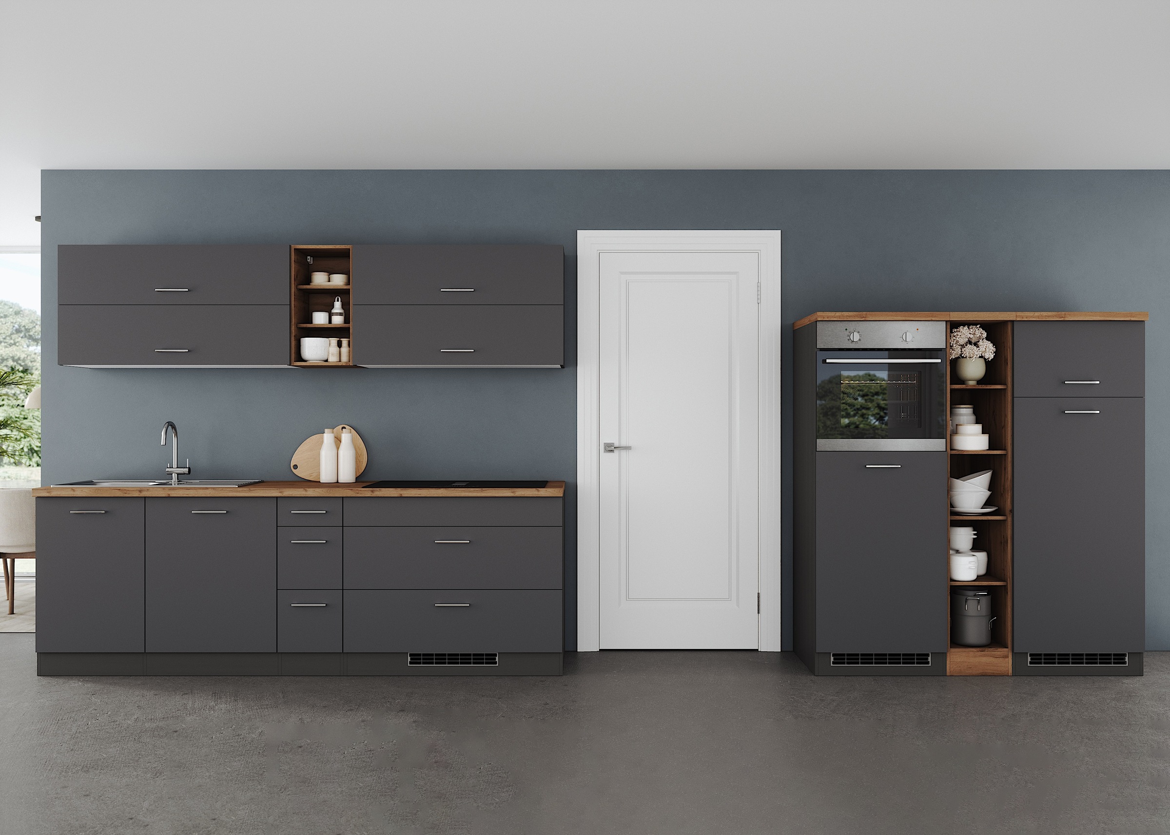 KOCHSTATION Küchenzeile »KS-Milan, optional mit Muldenlüfter« Breite 390 cm, wahlweise mit E-Geräten, Kochfeld mit Dunstabzug