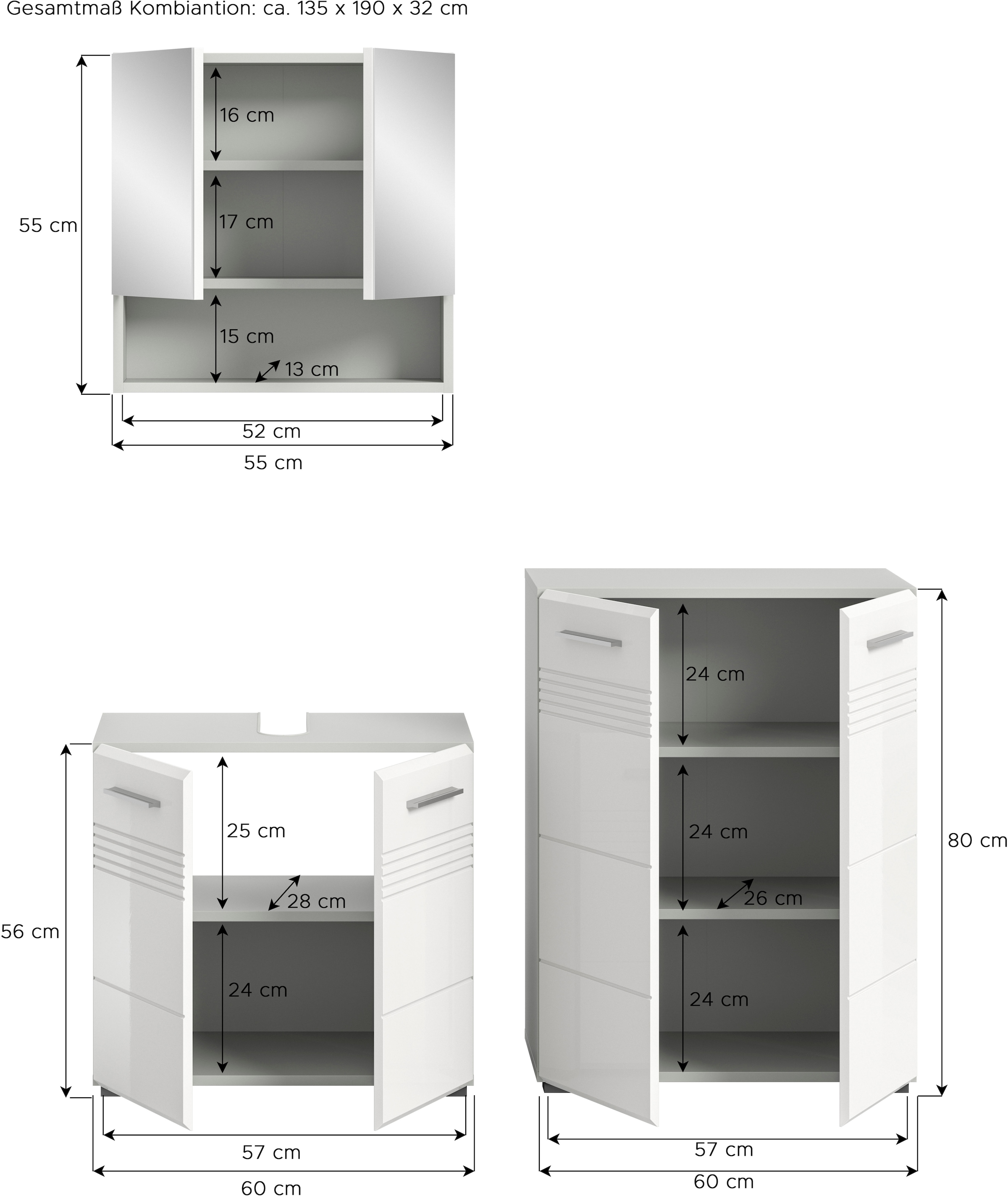 welltime Badmöbel-Set »Calicio,bestehend aus: Waschbeckenunterschrank,Spiegel-und Midischrank«, (3 St.), Midischrank, hochwertige MDF Front mit Rillenfräsung