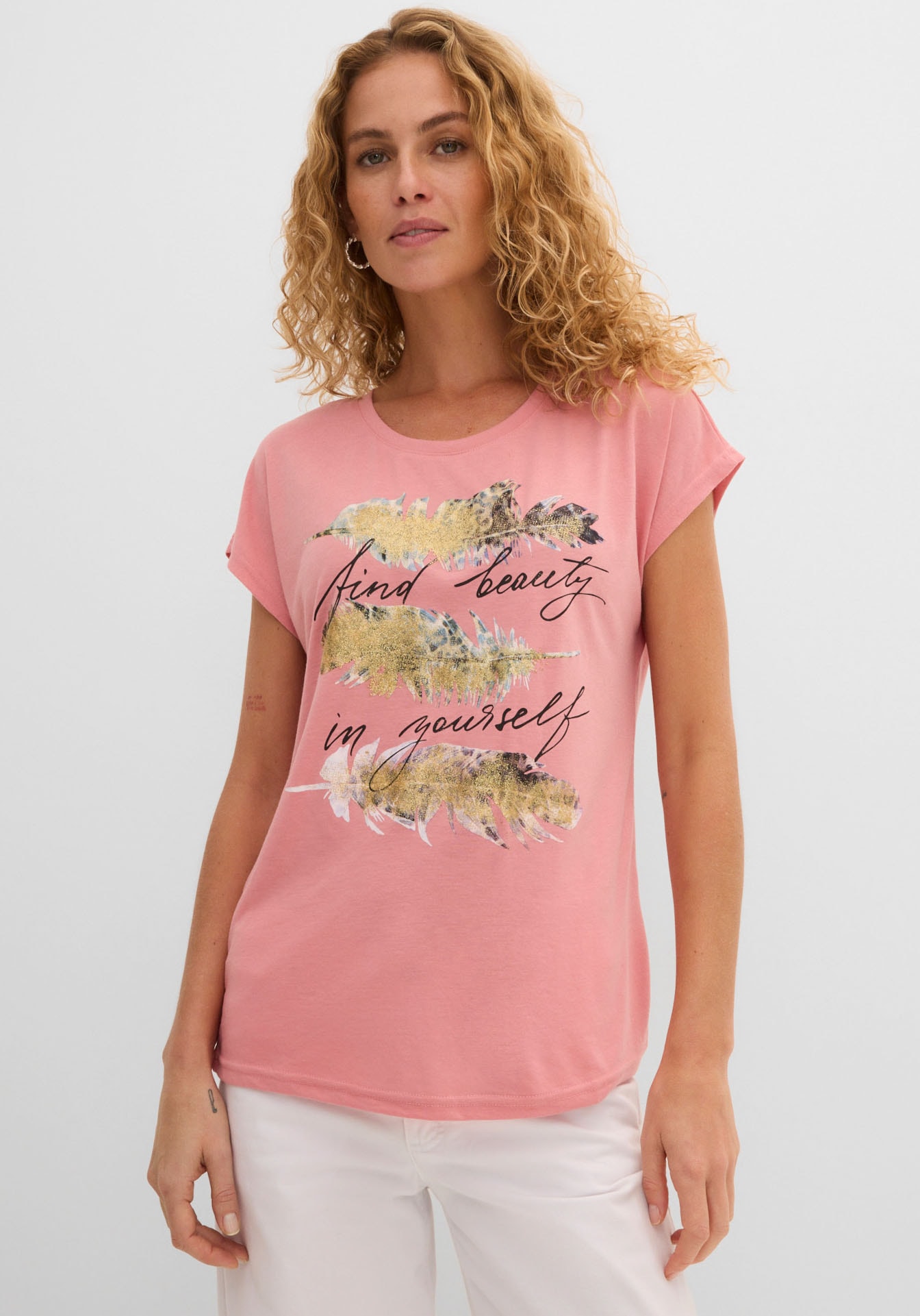 bonprix T-Shirt »T-Shirt mit Glitzerdruck« schmale Passform, Kurzarm, mit Glitzerdruck