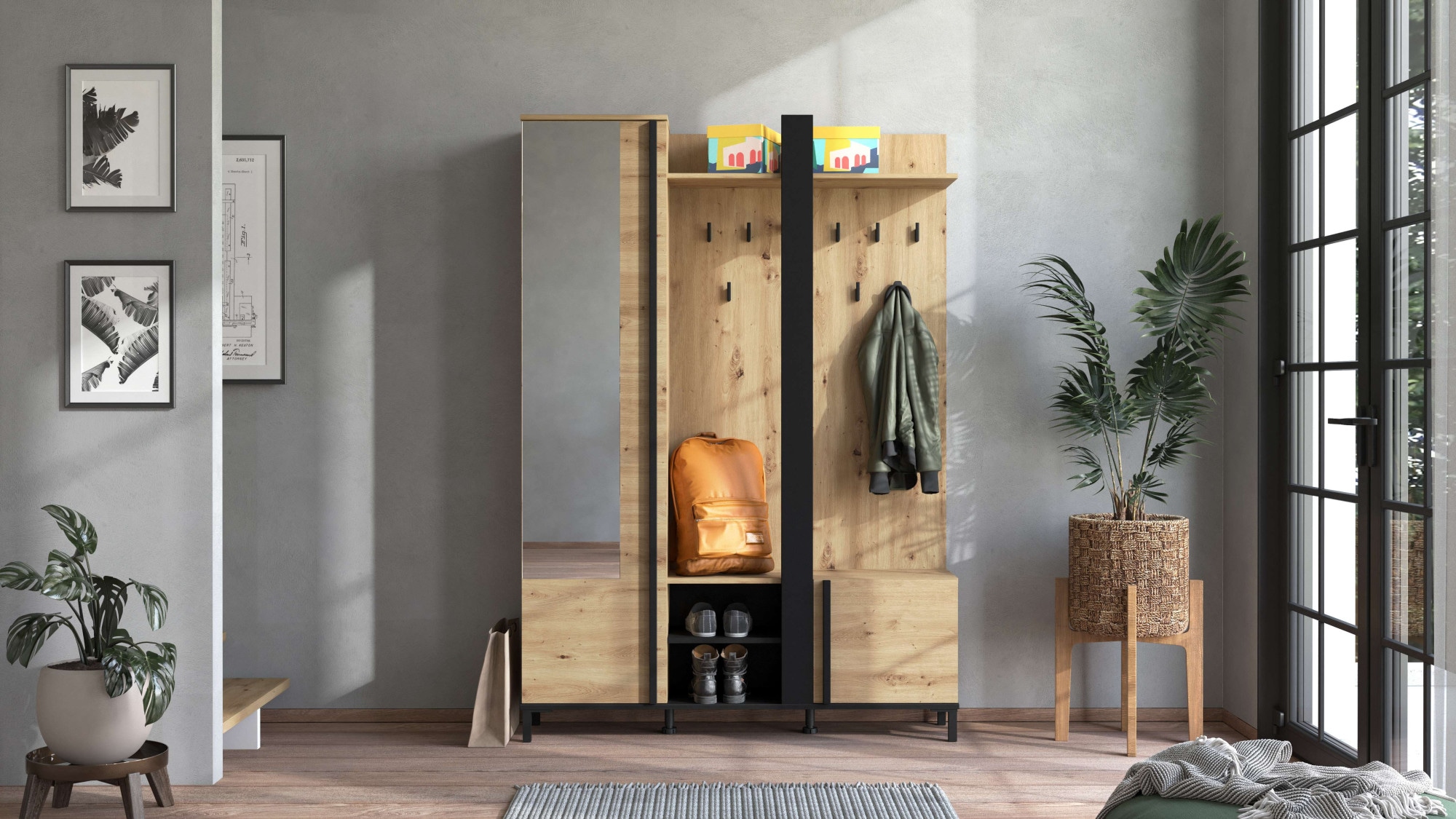 Home affaire Kompaktgarderobe »Nino Flurgarderobe, Dielenschrank, Flurmöbel, Garderobe, Breite 135 cm«, Schuhschrank, Spiegel, Haken, viel Stauraum, ideal für kleine Räume