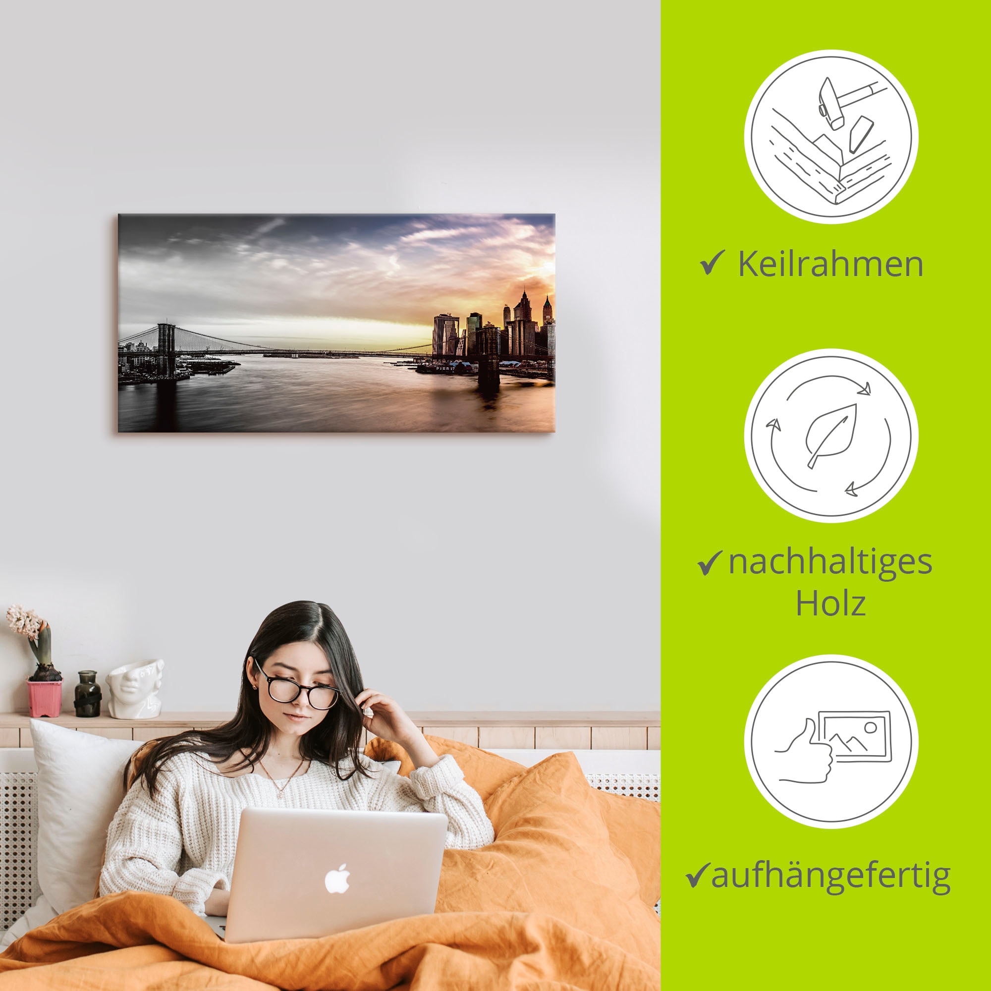 Artland Leinwandbild »Brooklyn Bridge Panorama« Amerika 1 Stk. tlg. auf Holzrahmen gespannt