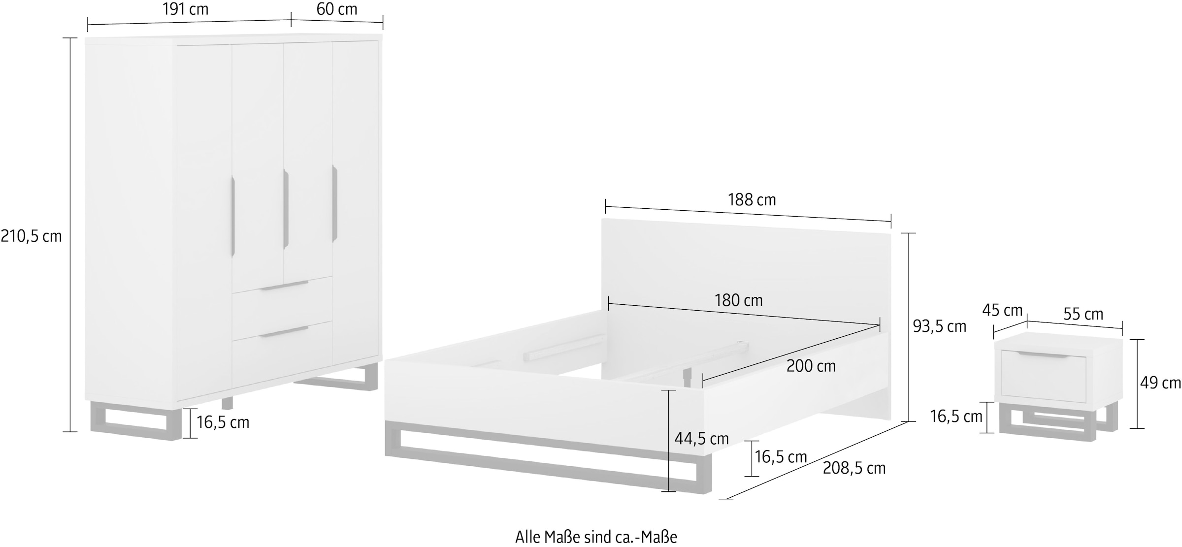 Home affaire Schlafzimmer-Set »Bronne,Komplettschlafzimmer (Set,4-St)« 4 tlg. Schlafzimmer-Set,Schrank 4Trg 2xNako, Bett180/200, Kufen Metalloptik