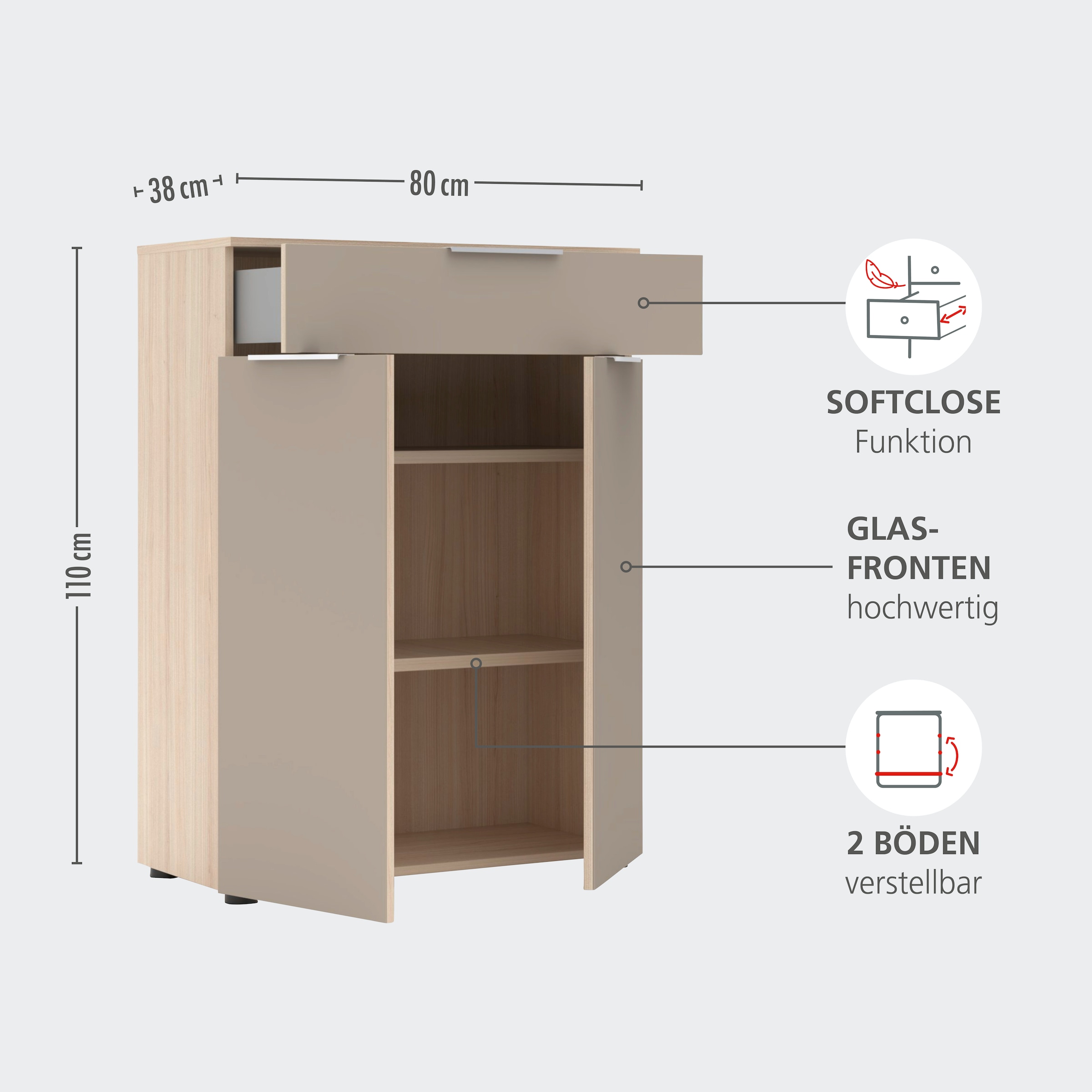Innostyle Aktenschrank »Büroschrank Santorin, 80/110/38 cm ( B/H/T)« 1 Stk. tlg. 2 türig, 1 Schubkasten, Softclose, Klarglas, ABS Schutzkante