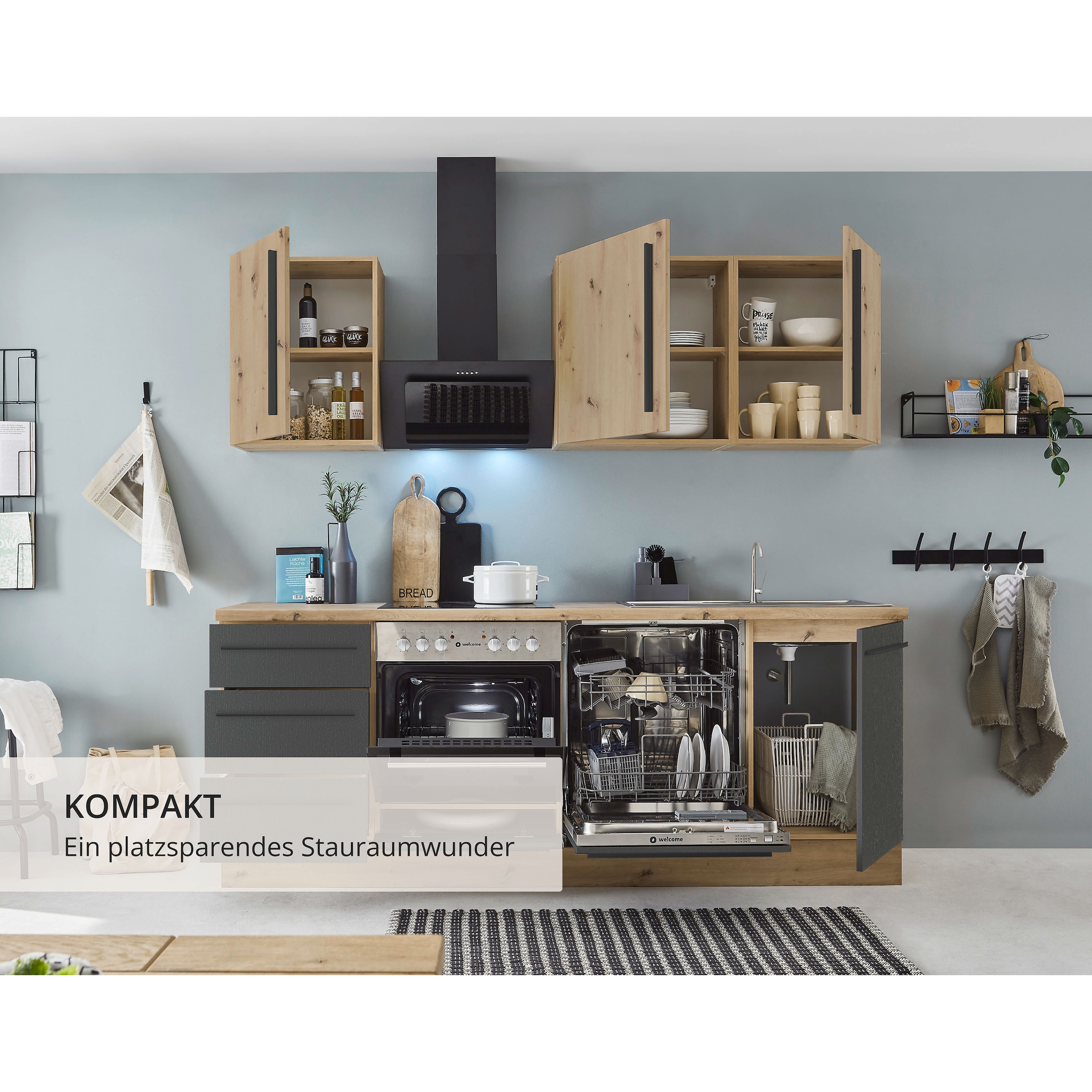 KOCHSTATION Küchenzeile »KS-Florida mit 38mm starker Arbeitsplatte«, Breite 220 cm, wahlweise mit E-Geräten, Soft-Close-Funktion