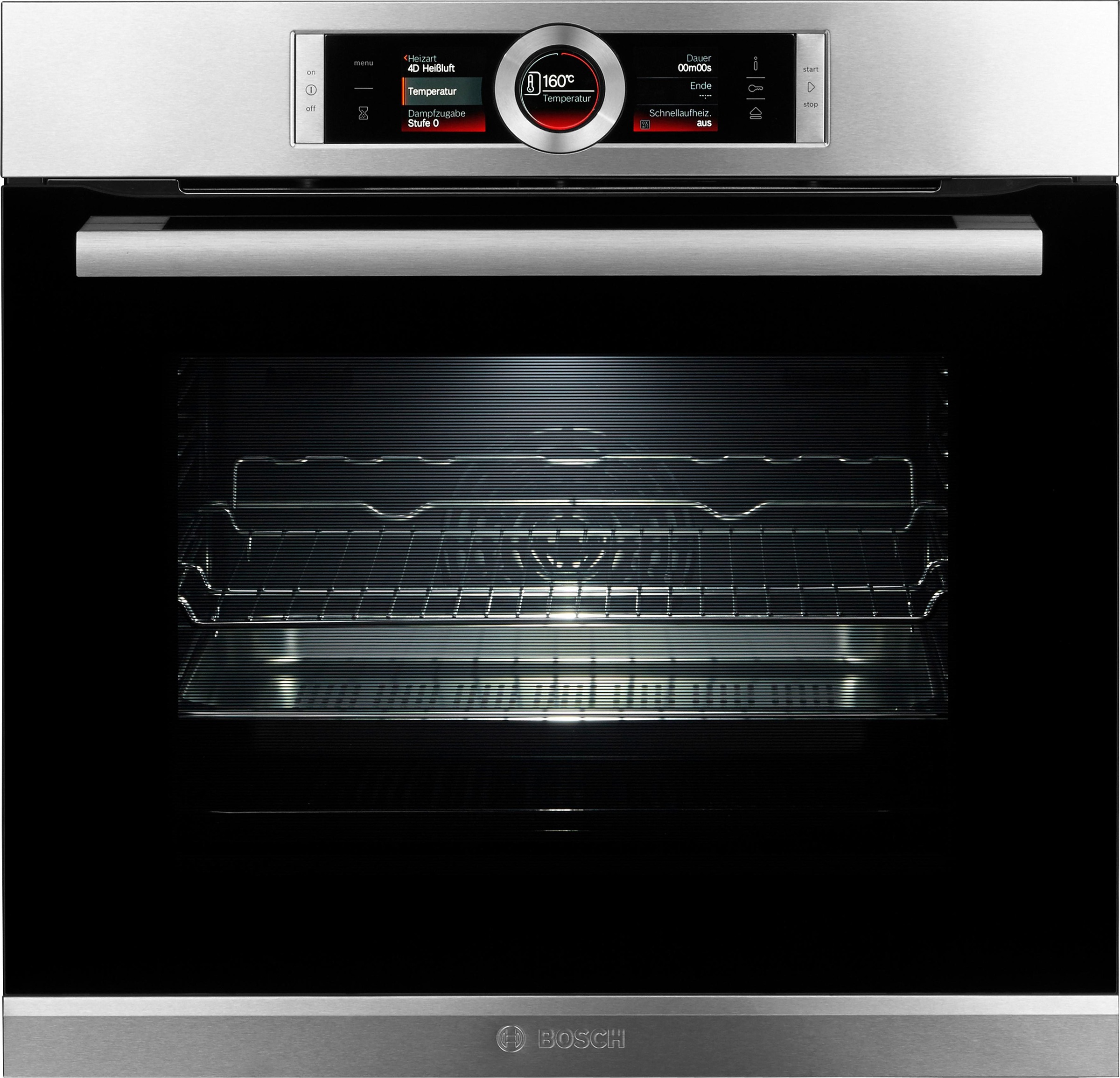 BOSCH Dampfbackofen »HSG636B«, Serie 8, mit Teleskopauszug nachrüstbar, ecoClean Direct, 4D-Heißluft-Eco-Ober-/Unterhitze Eco-Umluft-Infra-Grill-Großflächengrill-Kleinflächengrill-Pizzastufe-Sanftgaren-Vorwärmen-Warmhalten, mit Auftaufunktion