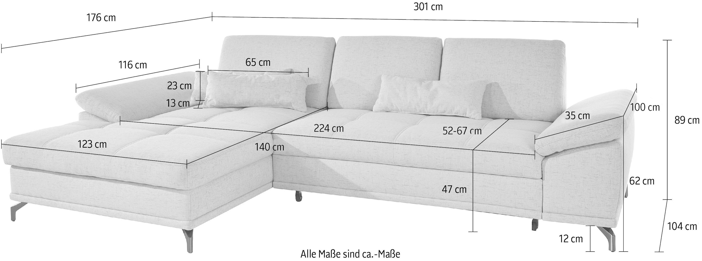 PLACES OF STYLE Ecksofa »Costello L-Form, B: 301 cm mit Sitztiefen-, Armteilverstellung &« 3 Nierenkissen, optional Bettfunktion & Bettkasten