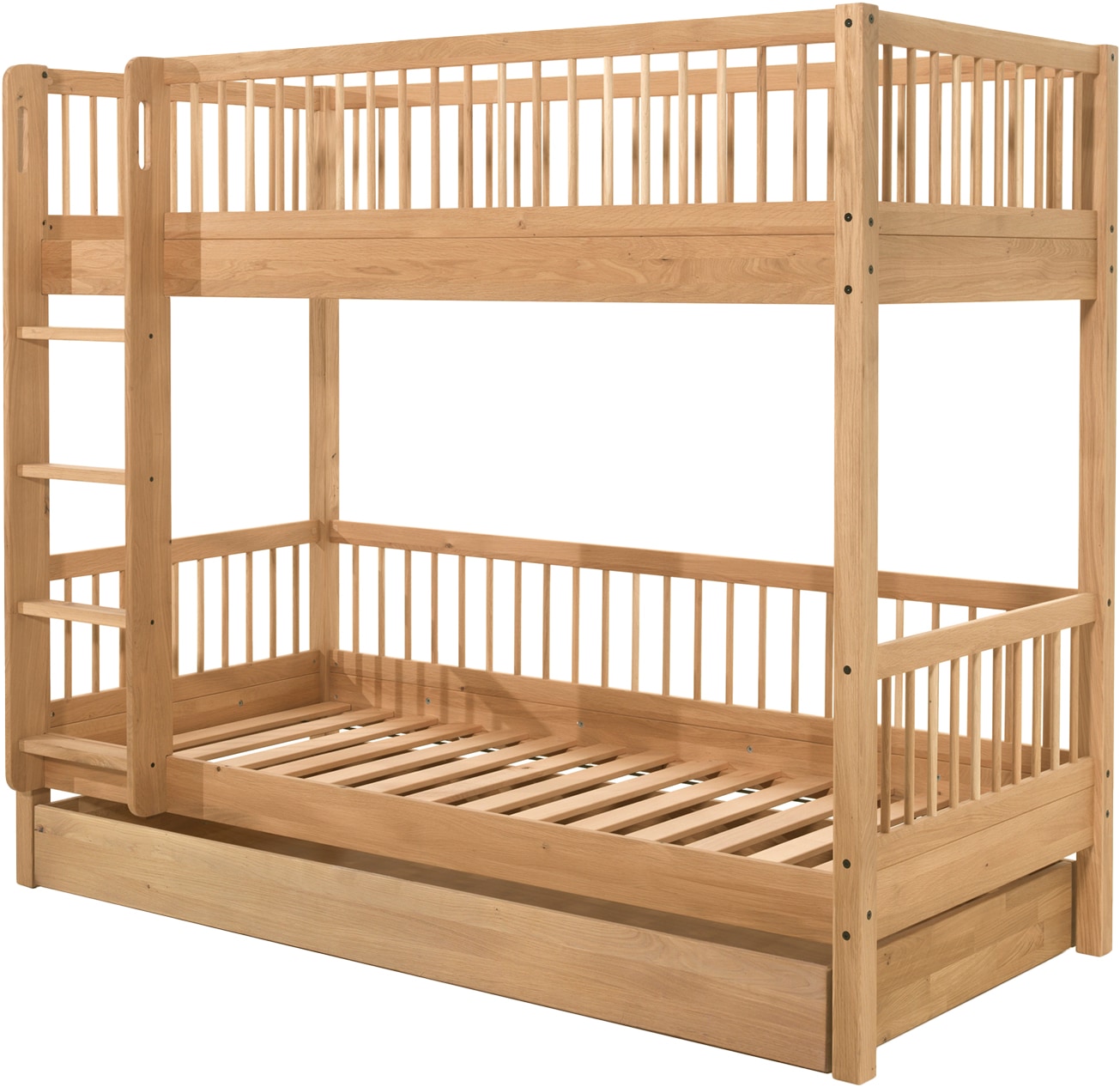 Home affaire Etagenbett »Eiche massiv, Made in Europe, langlebige Qualität«, (B/H/T ca. 208x176x98cm, Schublade+unterer Rausfallschutz optional), 2 Lattenroste, wahlweise mit oder ohne Bettschublade und Absturzschutz