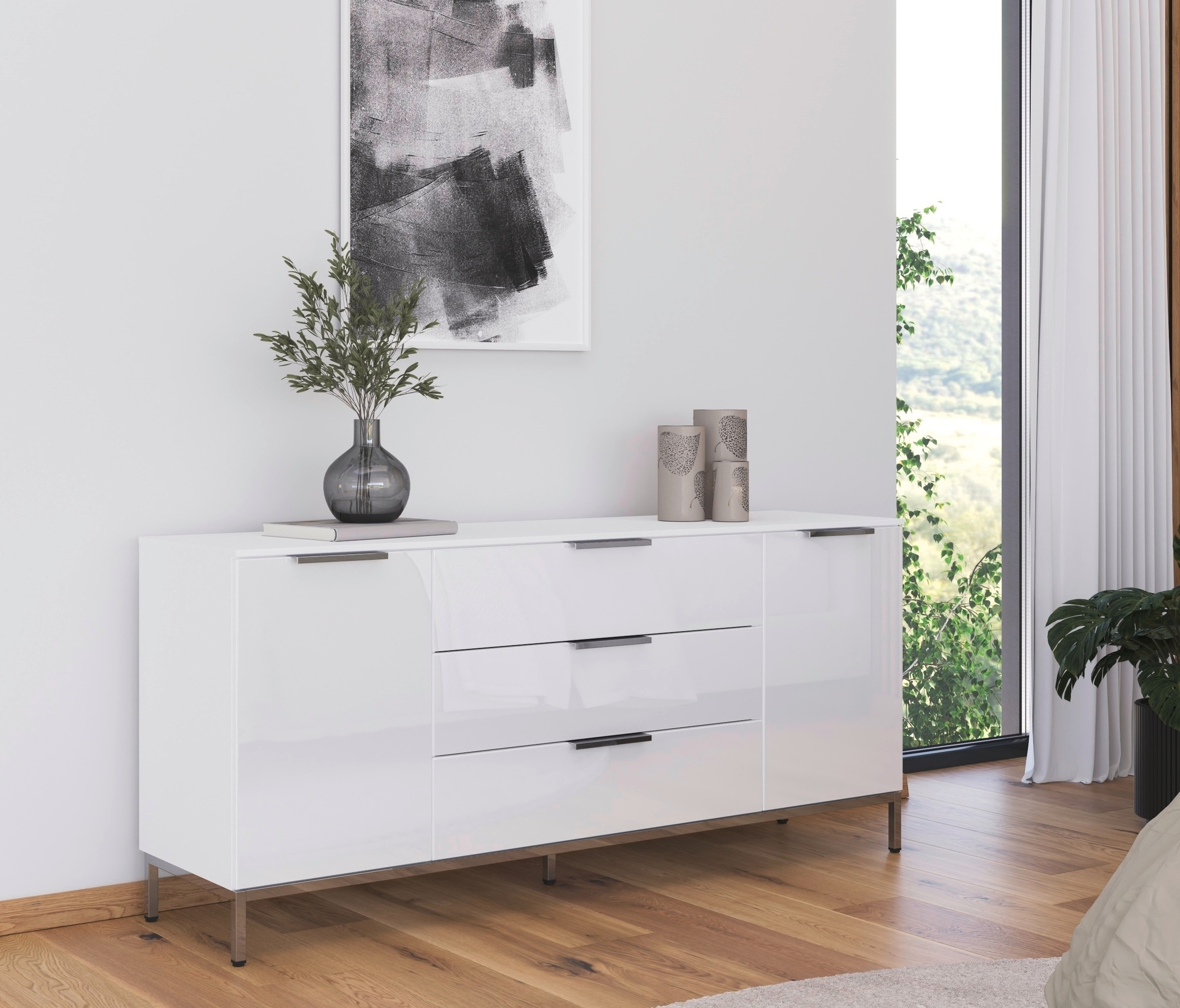 rauch Kombikommode »Kommode Türkommode Sideboard Kombikommode FLIPP mit Glasfront« Breite 160 cm mit 2 Einlegeböden,  2-türig mit 3 Schubladen und Soft-Close-Funktion sowie Glasfront