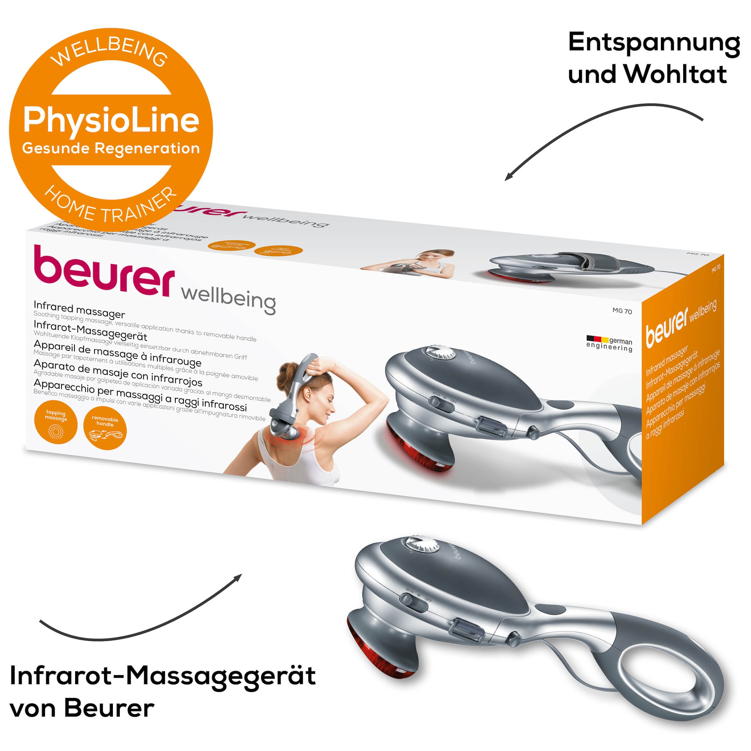 BEURER Massagegerät »MG 70 für eine tiefenwirksame Klopfmassage mit Infrarotwärme«, Vielseitig anwendbar mit oder ohne Handgriff, 2 Massageaufsätze