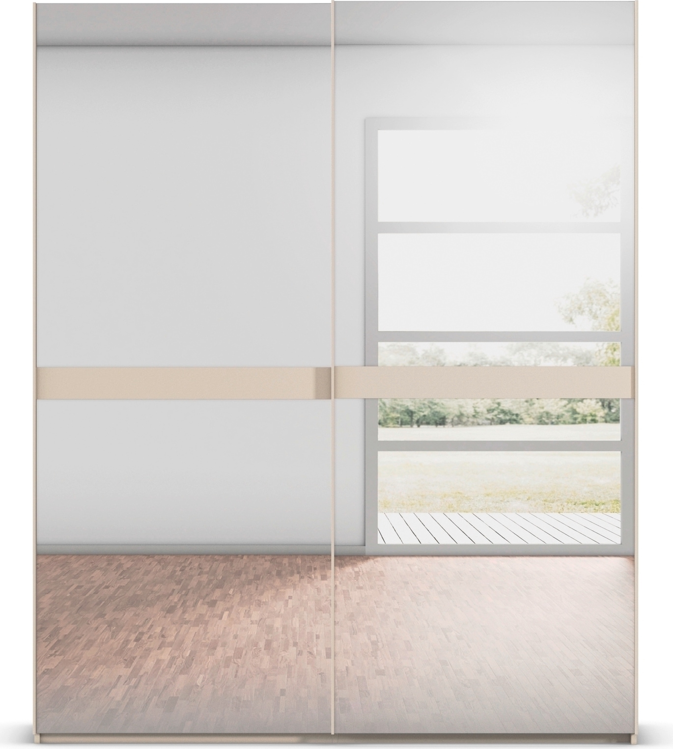 rauch Schwebetürenschrank »Kleiderschrank Schrank Garderobe Schlafzimmerschrank SCALE-LINE«, edle Optik mit Bauchbinde in Korpusfarbe Spiegelfront MADE IN GERMANY