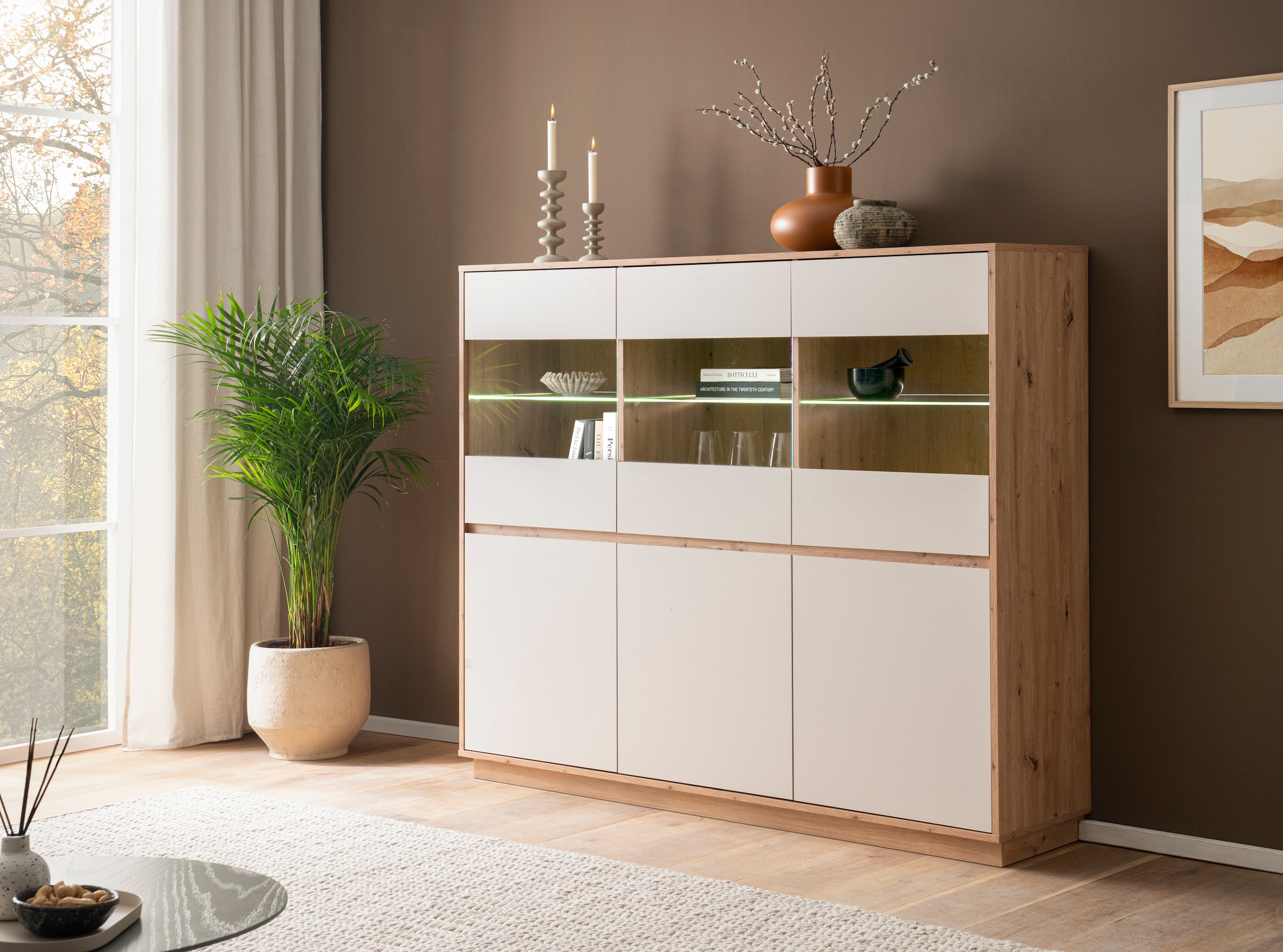 Home affaire Highboard »Sonora, moderner Schrank, Stauraumelement in Eiche Artisan, Kommode« filigrane Rahmenoptik, ausreichend Stauraum, vielseitig einsetzbar