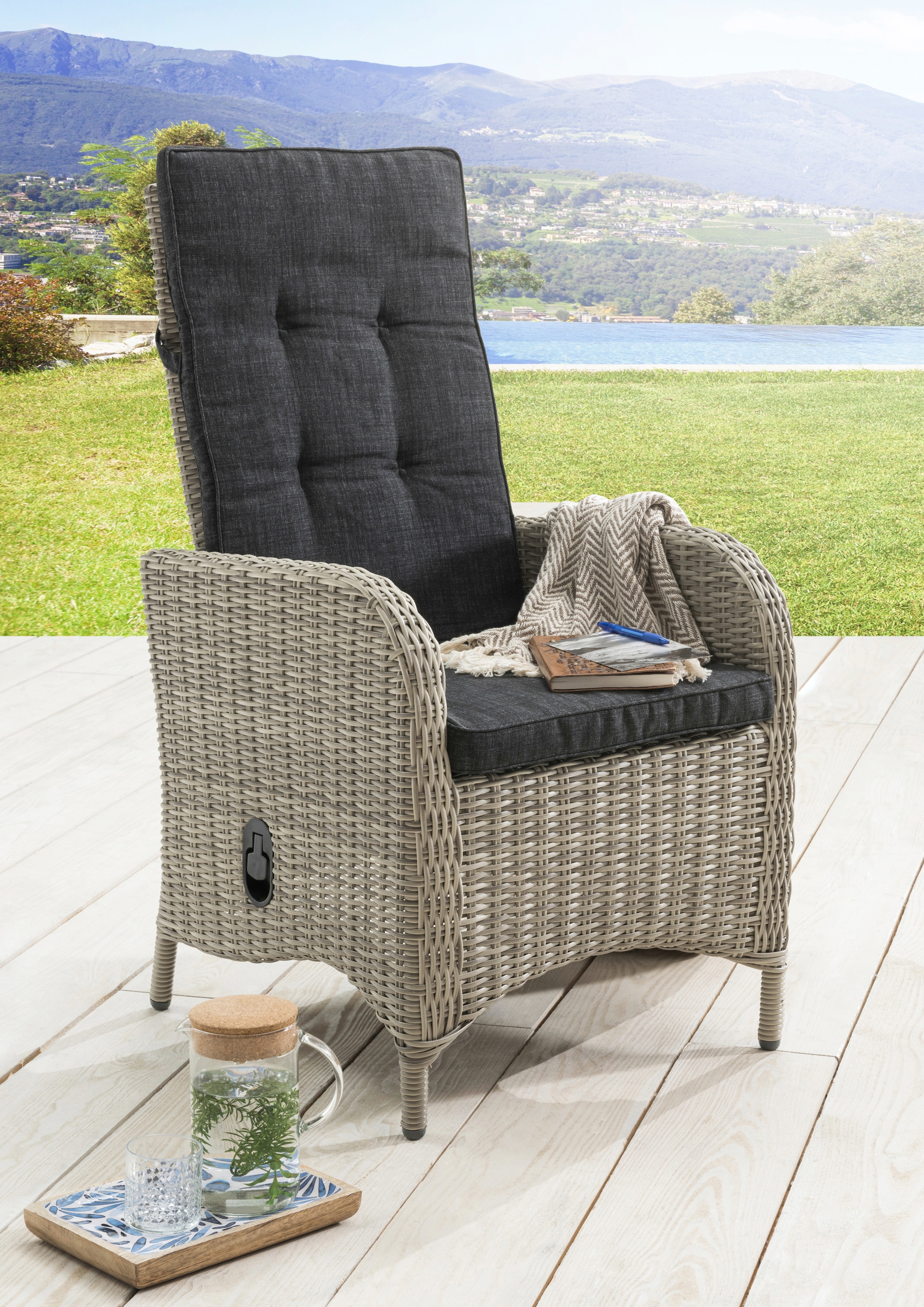 Destiny Garten-Essgruppe »PALMA LUNA«, (9 tlg., 4x Hochlehner, 1x Tisch, inkl. Auflagen), Aluminium, Polyrattan