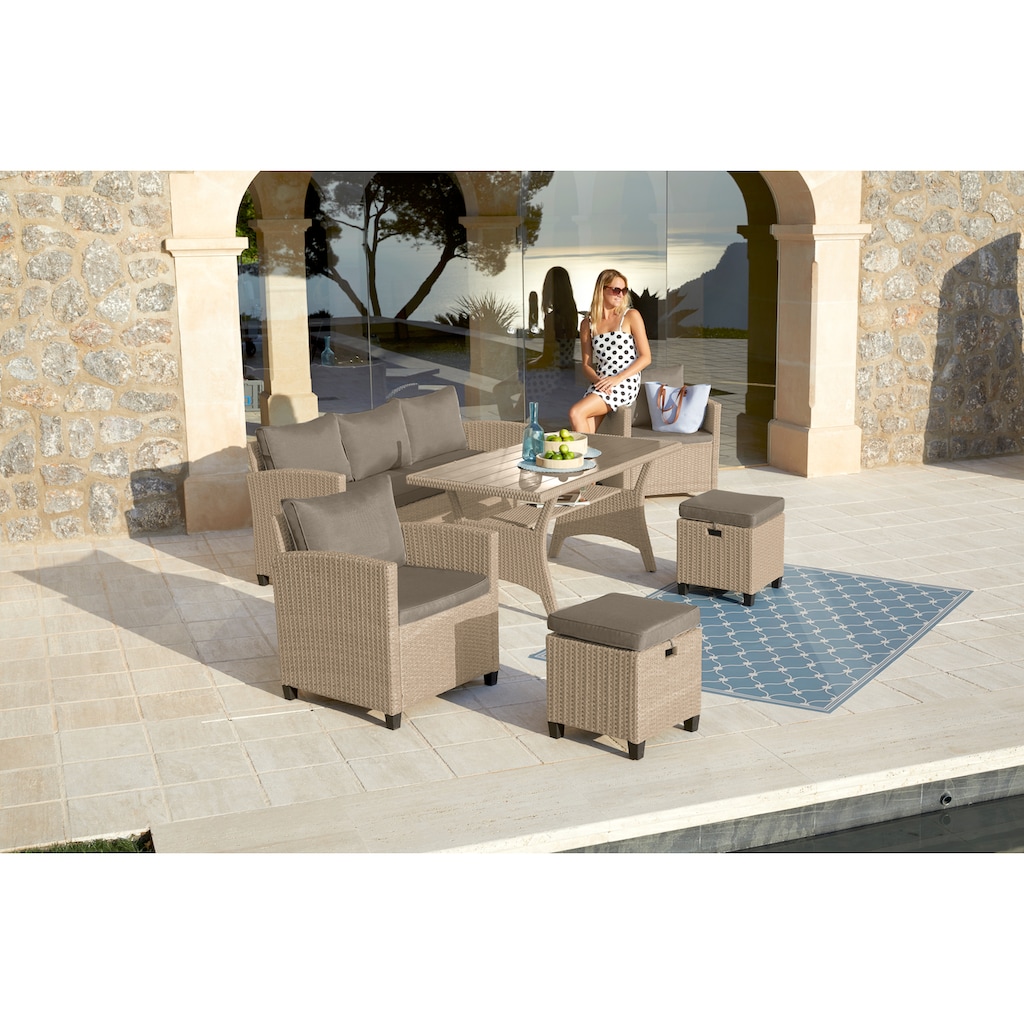 KONIFERA Gartenlounge-Set »Amsterdam«, (Set, 16 tlg., 1x 3er Sofa, 1x 2 Sessel, 2x Hocker, 1xTisch 144,5x74x67cm,Polyrattan), Stahl, Ablagefläche unter dem Tisch, Loungeset