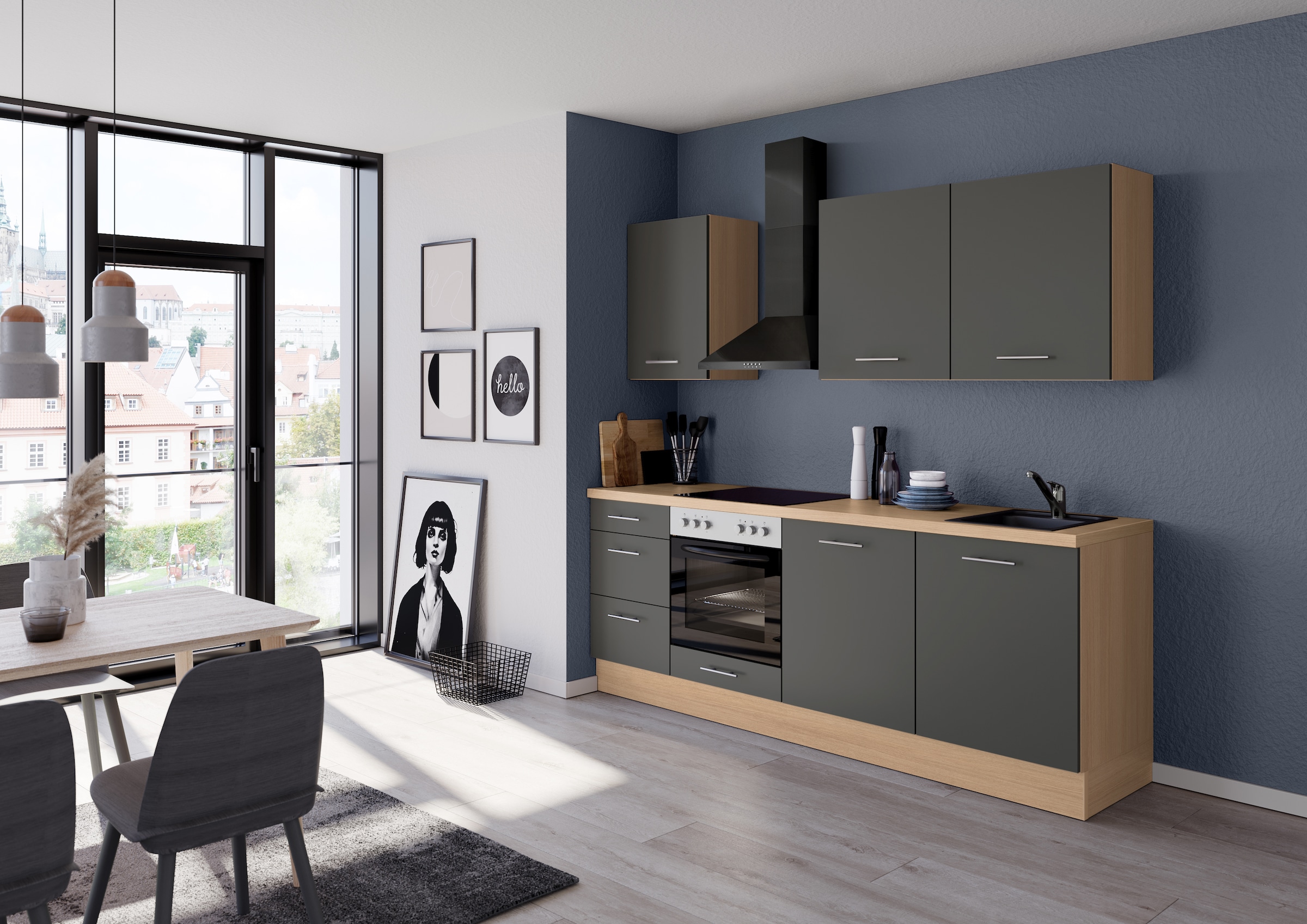 IMPULS KÜCHEN Küchenzeile »"Kopenhagen", Ausrichtung wählbar, Schubkästen mit Soft-Close« vormontiert, wahlweise mit E-Geräten, Breite 220 cm