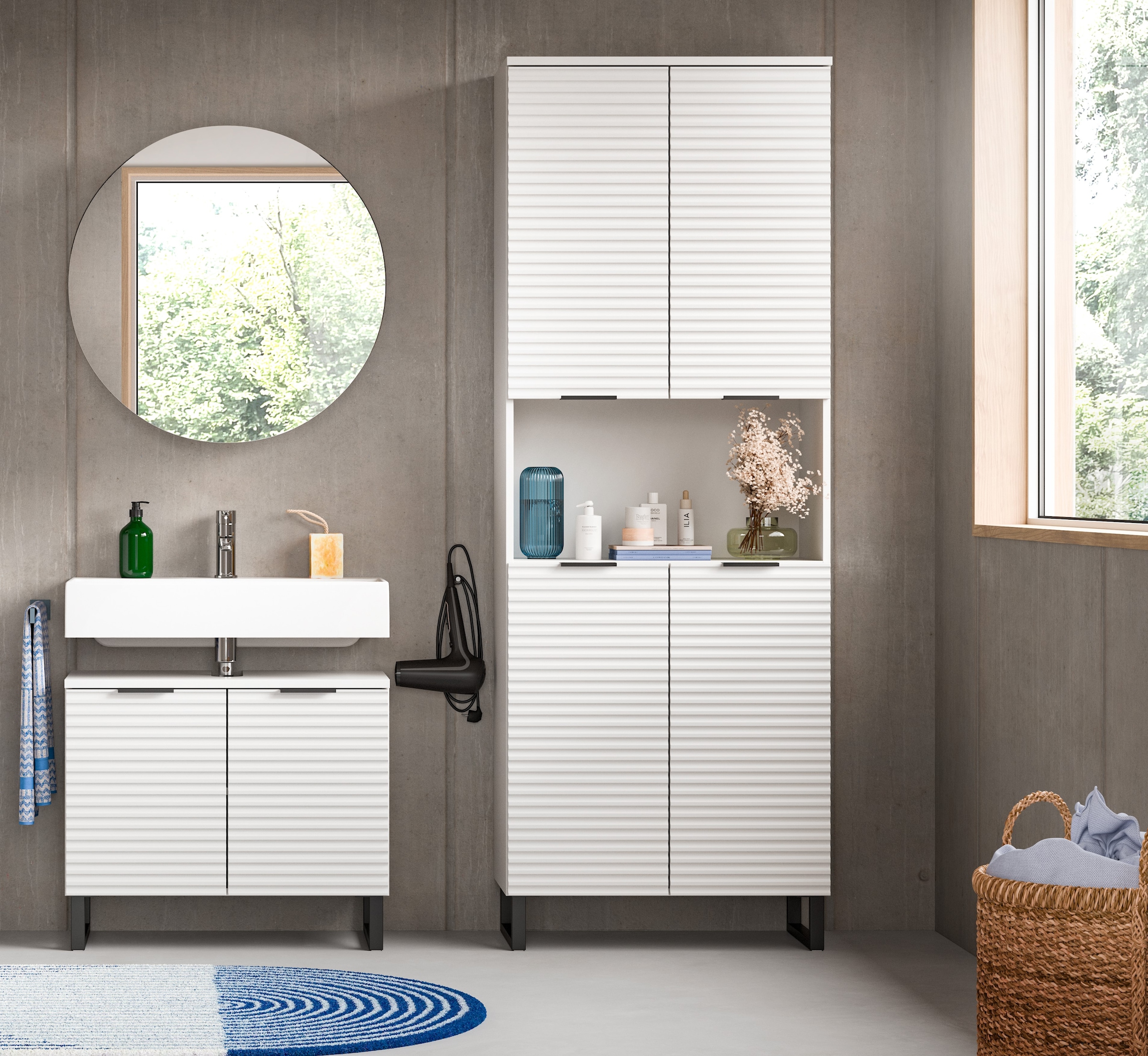 welltime Badmöbel-Set »Litica, Breite 155 cm, hochwertige Rillenfräsung, Metallkufen«, (3 St.), best. aus.: Waschbeckenunterschrank, Spiegelschrank, Hochschrank