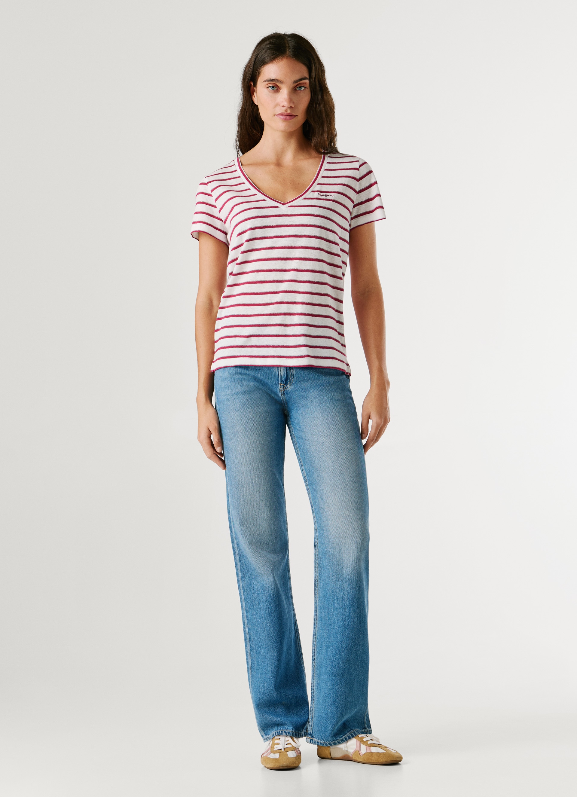 Pepe Jeans T-Shirt »MEGAN V-NECK STRIPED« aus Leinenmischung mit Glitzergarn