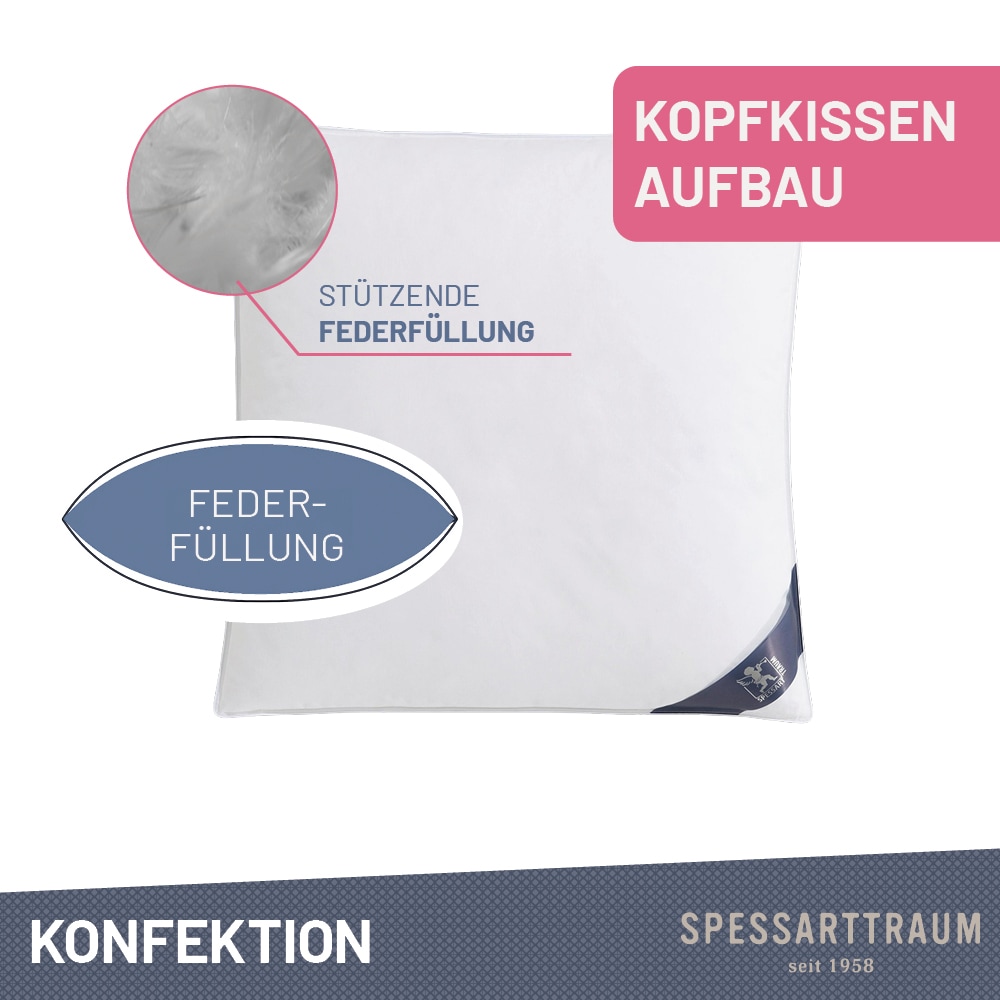 SPESSARTTRAUM Gänsefederkopfkissen »Premium«, Füllung: 100% Gänsefedern, Klasse 1, Downpass zertifiziert, Bezug: 100% Baumwolle, Made in Green, Hausstauballergiker geeignet, (1 St.), gute Stützkraft, Seitenschläfer & Rückenschläfer