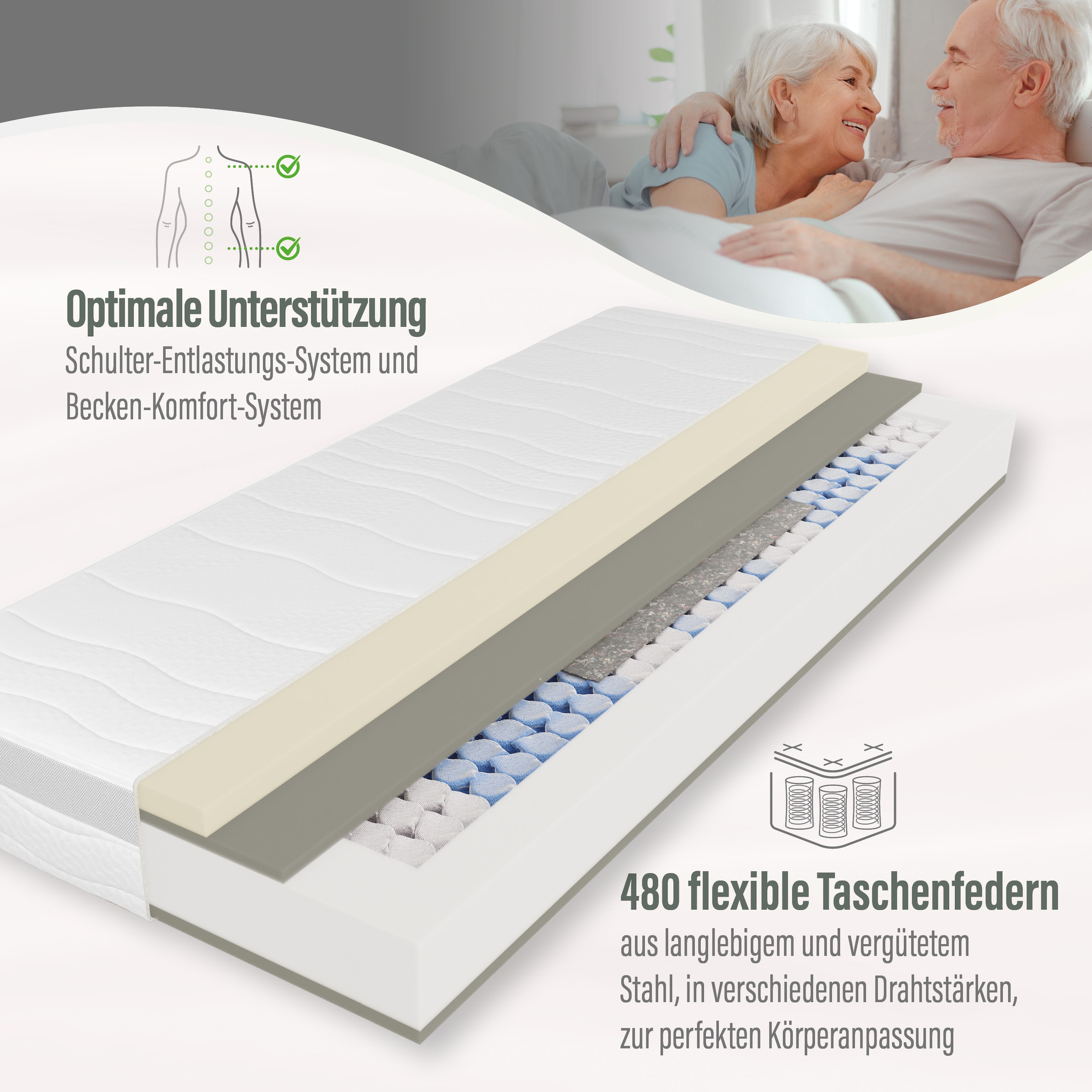 Beco Taschenfederkernmatratze »Feel Like Latex ONE TFK, Matratze 90x200 cm, 140x200 cm und mehr«, 21 cm hoch, 500 Federn, (1 St.), Punktelastische Matratze mit stabilem Federkern, atmungsaktiv
