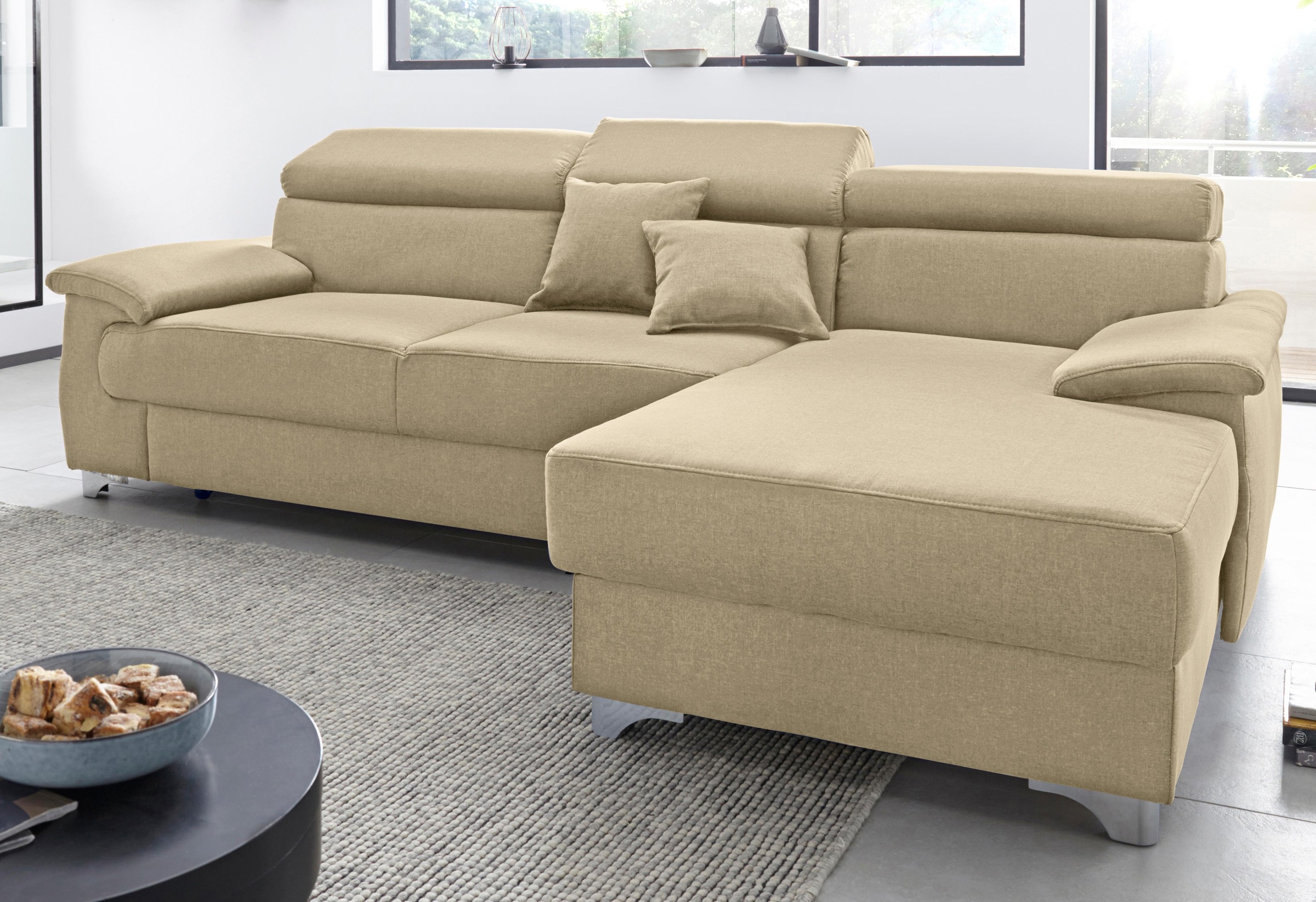 DOMO collection Ecksofa »Mira, inklusive Kopfteilverstellung für mehr Wohlfühlkomfort, L-Form«, wahlweise mit Bettfunktion und Bettkasten, elegant und modern