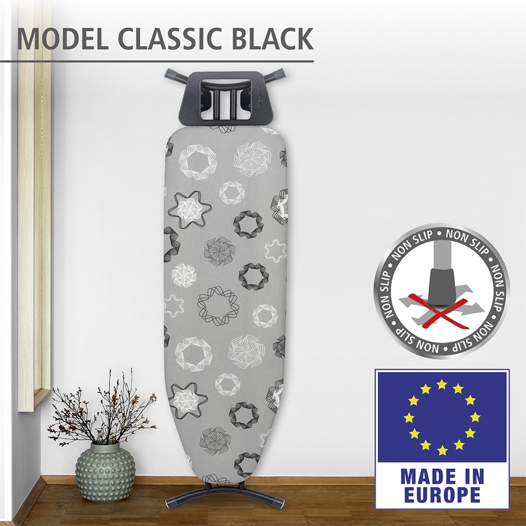 WENKO Bügelbrett »Modell Classic Black«, Bügelfläche 120 cmx38 cm, höhenverstellbarer Bügeltisch, platzsparend klappbar