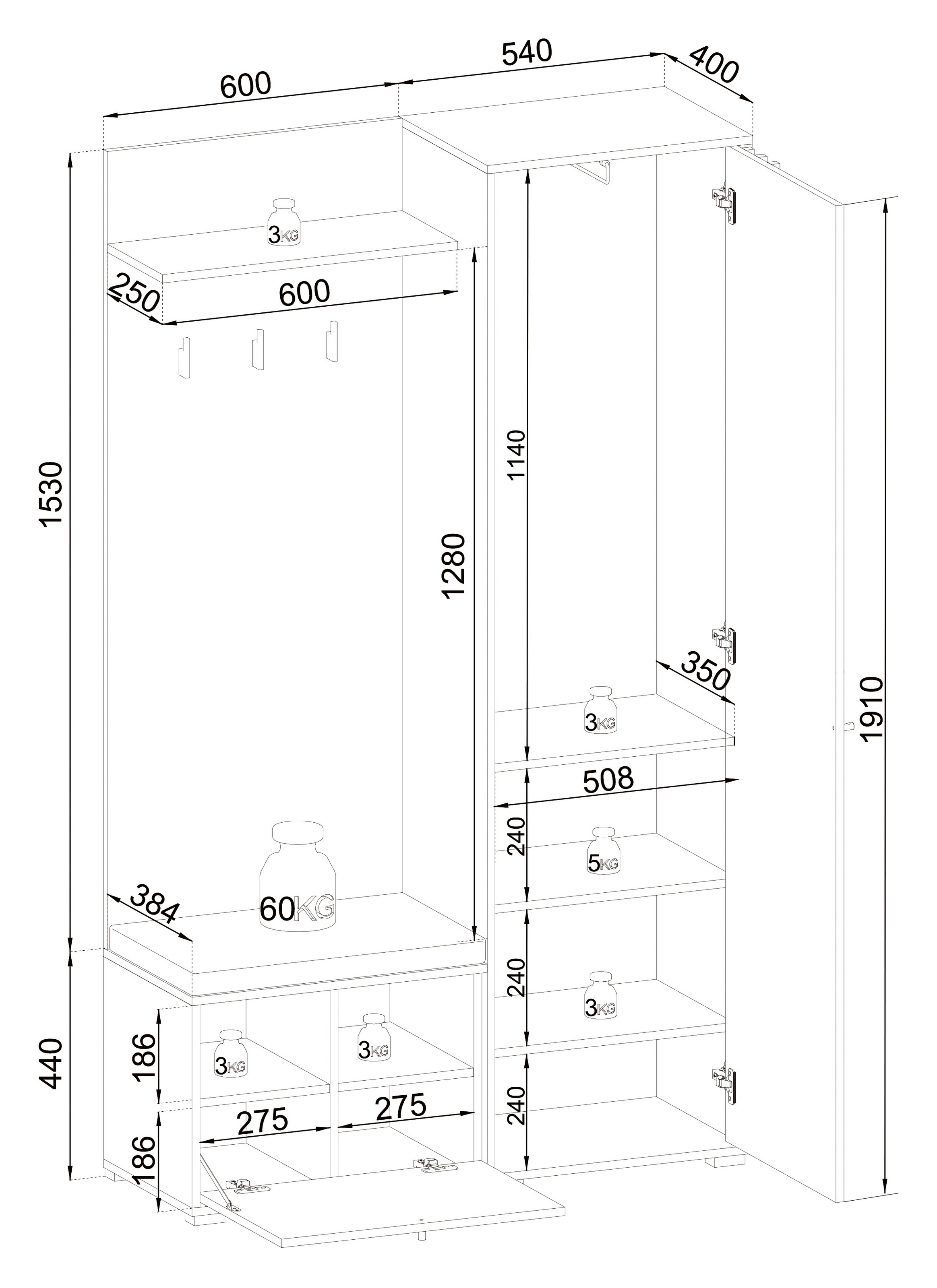 HBZ Kompaktgarderobe »Volano«, (1 St.), schwarz Eiche Artisan, Garderobe mit Spiegelement