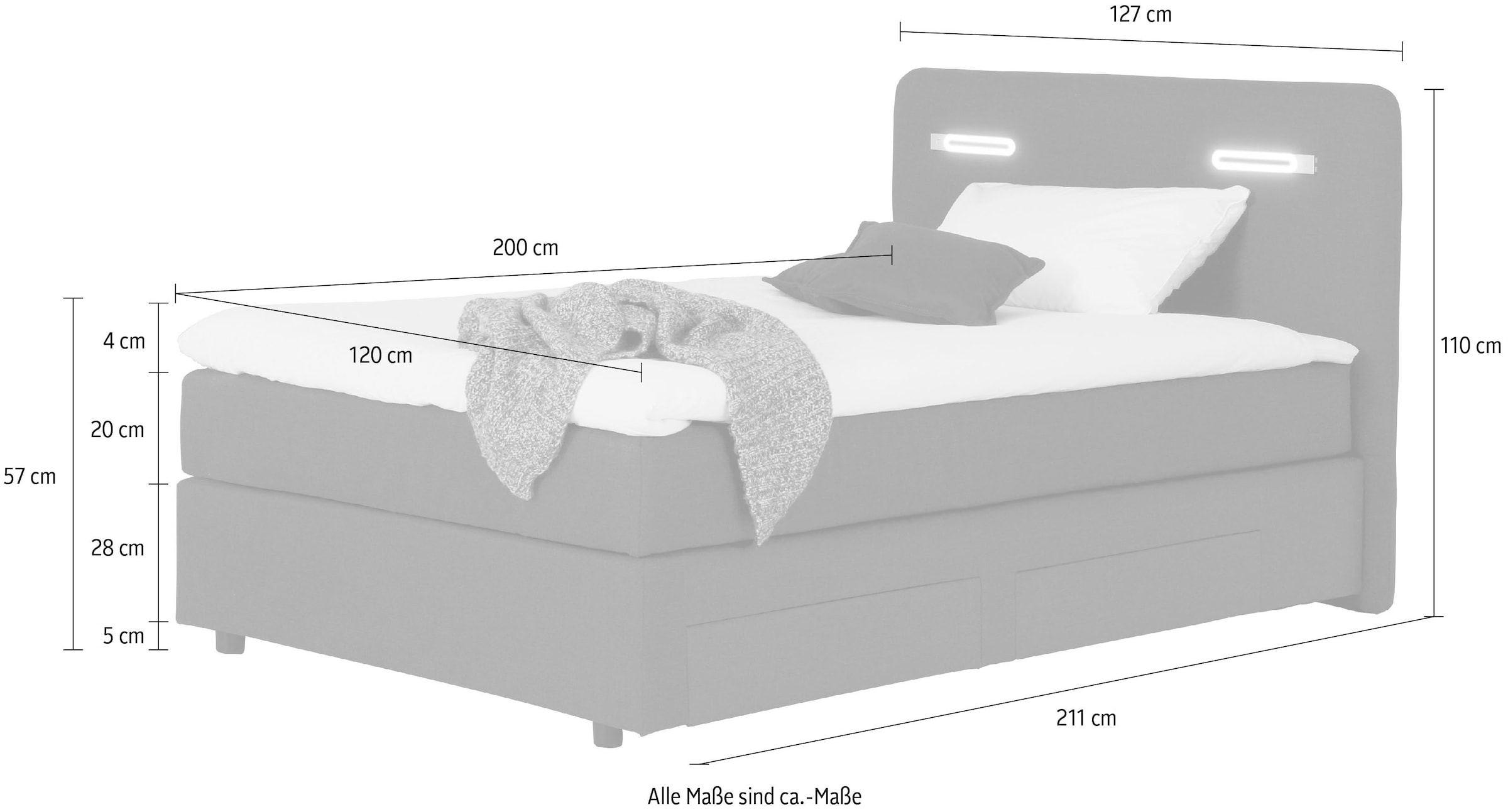 Home affaire »LUAN, Stauraumbett mit Schubkästen & Taschenfederkernmatratze H2-H4« LED-Beleuchtung, Karo- oder feiner Strukturstoff,  120/180 cm x200 cm