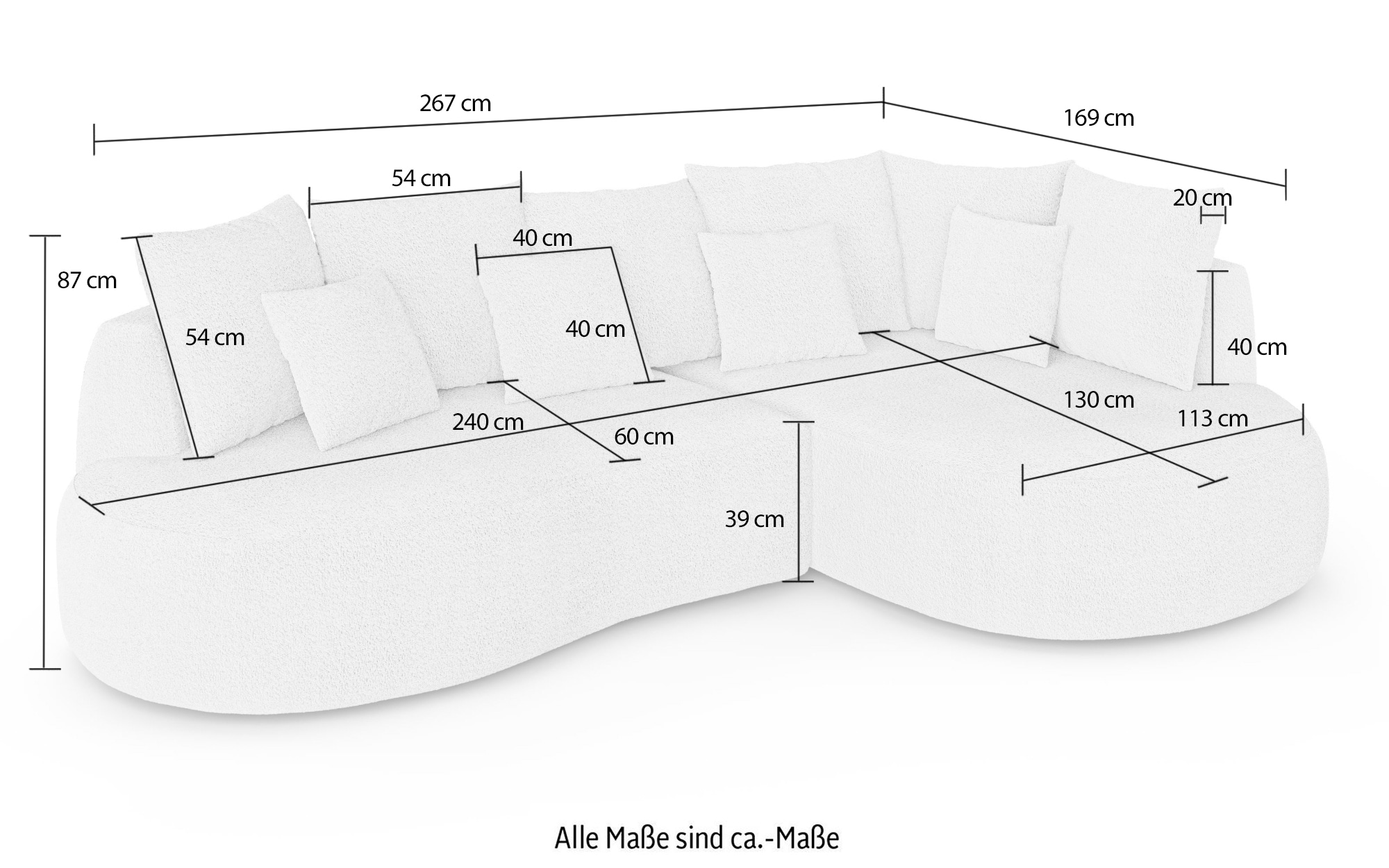 homsy by Ana Johnson Ecksofa »PEBBLA L-Form mit vielen Kissen, modernes Design, Bezug- Boucle« Breite 267 cm, Design-Sofa mit Ottomane recht/links bestellbar