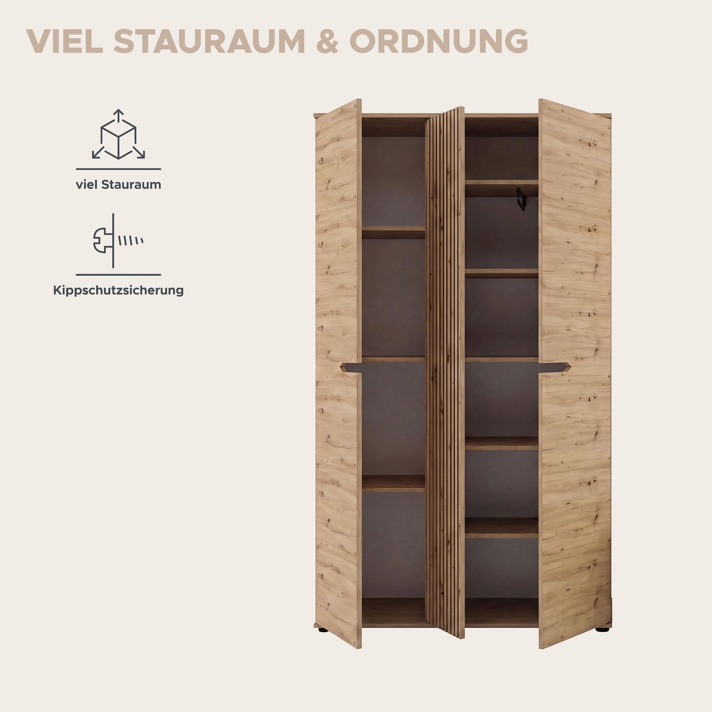 OTTO home Garderobenschrank »FJELL, Breite 104cm, 3 Türen, 8 Böden, 10 Fächer, 1 Kleiderstange« Kleiderschrank, Schrank, Dielenschrank, Flurschrank, Mehrzweckschrank