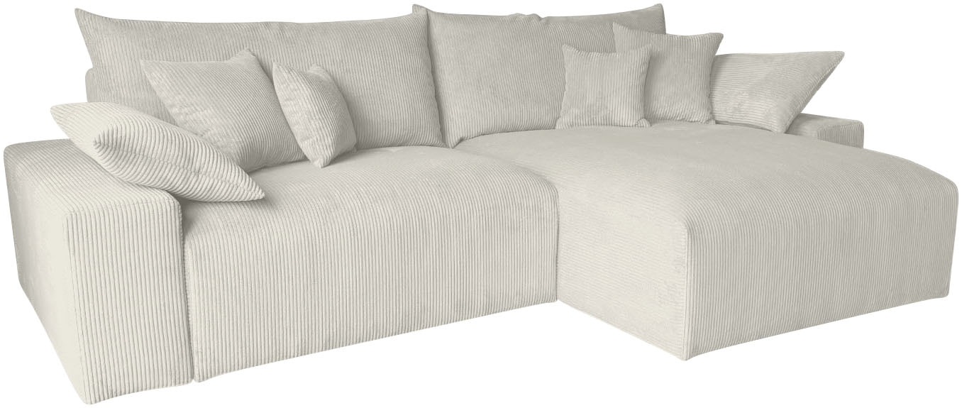 OTTO home Ecksofa »Amici L-Form, B: 302 cm, Mega-Sofa in Boucle und Cord« Couch mit Federkern & 6 Zierkissen, frei stellbar