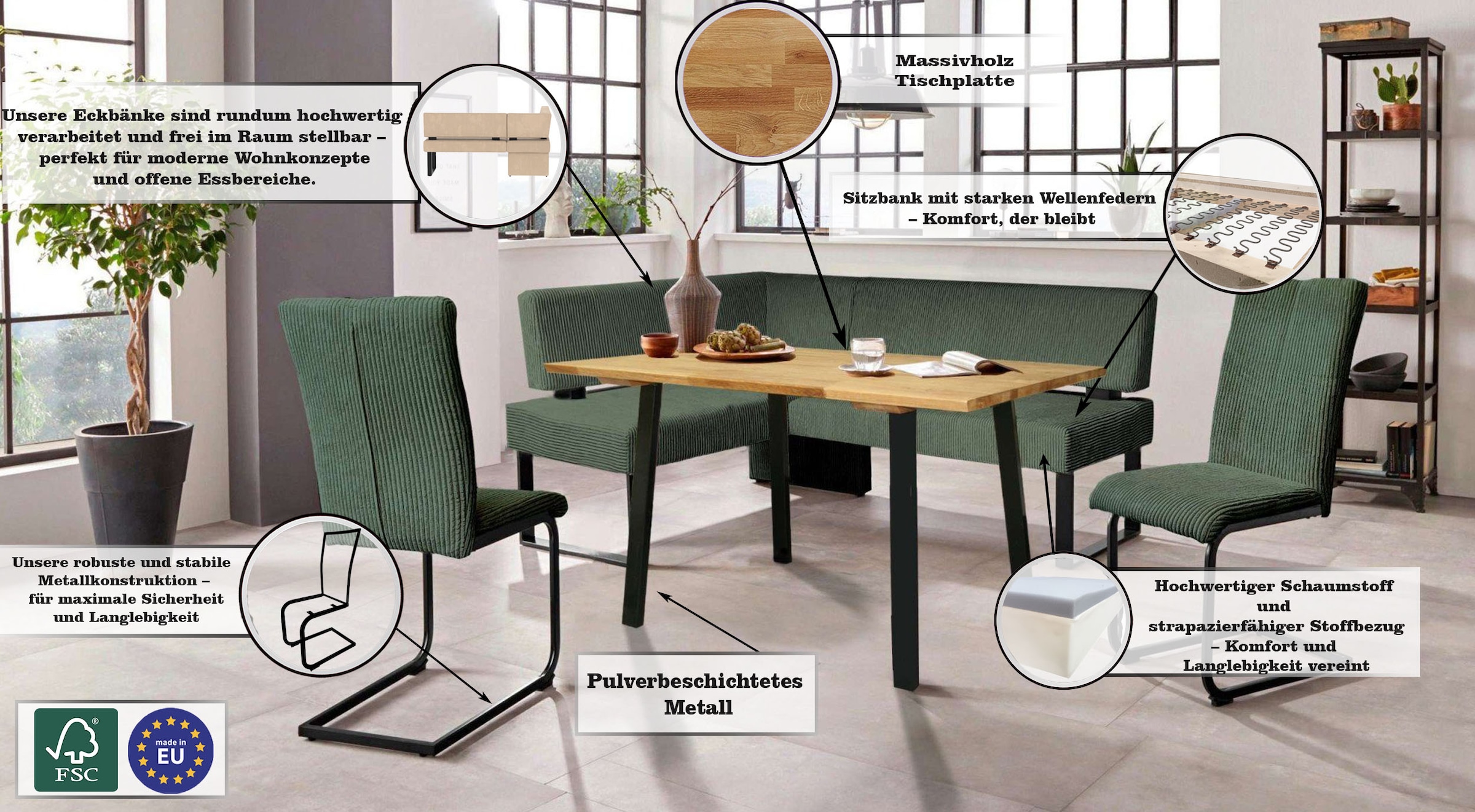 Home affaire Eckbank »Oliver mit Metallgestell, Küchenbank«, verschiedene Bezüge Cord Esszimmerbank