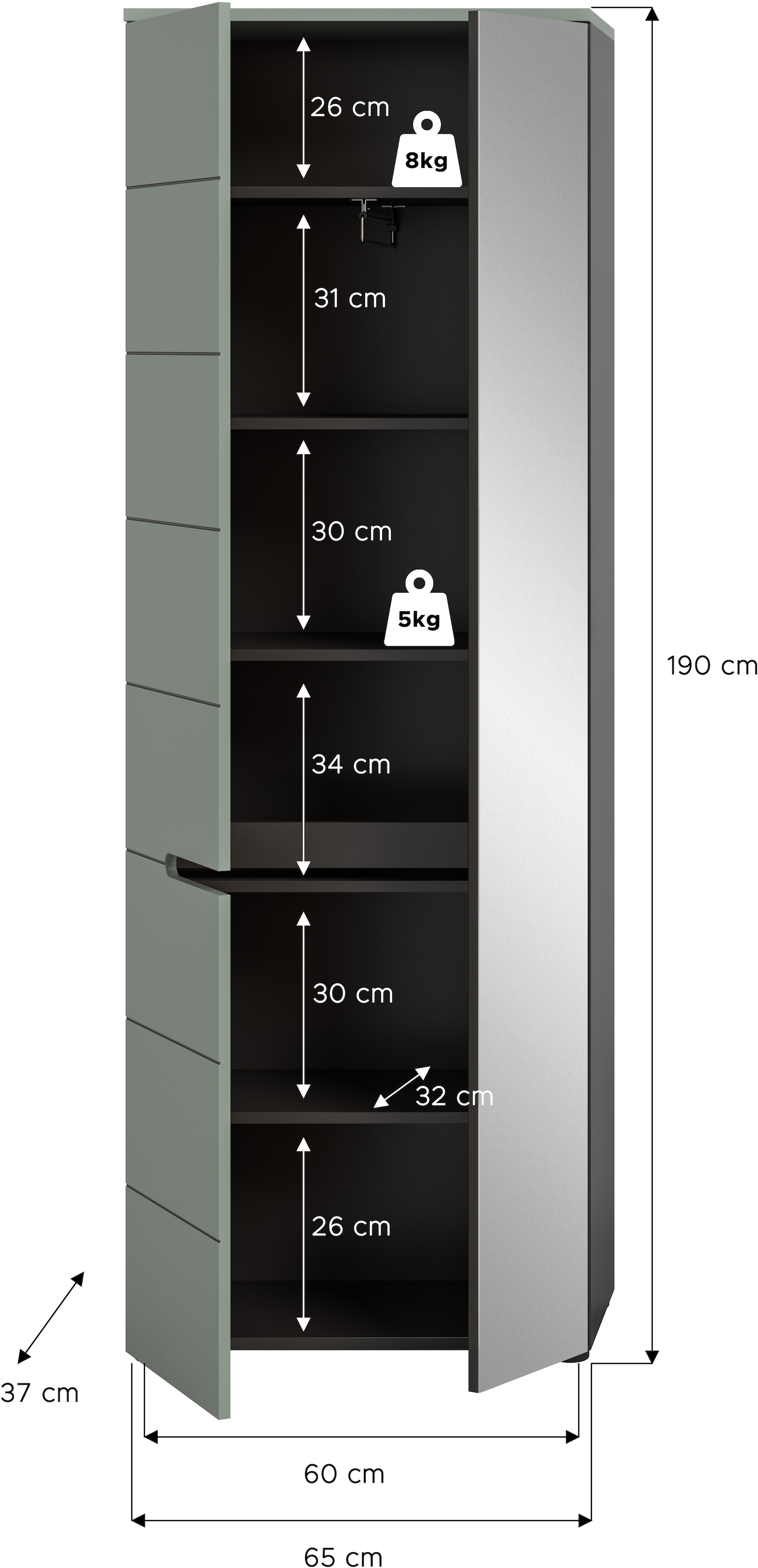 INOSIGN Garderobenschrank »REHAT, TOPSELLER!, Höhe 190cm, 2 Türen, 6 Fächer, 1 Kleiderstange« in verschiedenen Farben erhältlich, 1 Stk. tlg. Garderobe, Flurschrank, Dielenschrank, Kleiderschrank, Garderobenmöbel